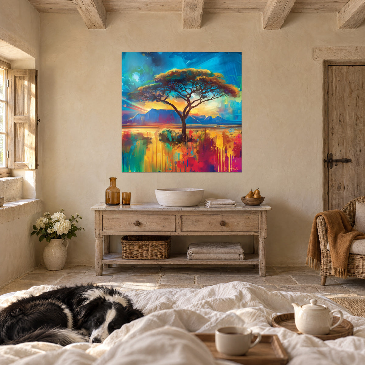 Cuadro silueta oscura de acacia bajo un cielo azul y amarillo, un collie tumbado sobre el edredón, encima de una cama en un dormitorio luminoso