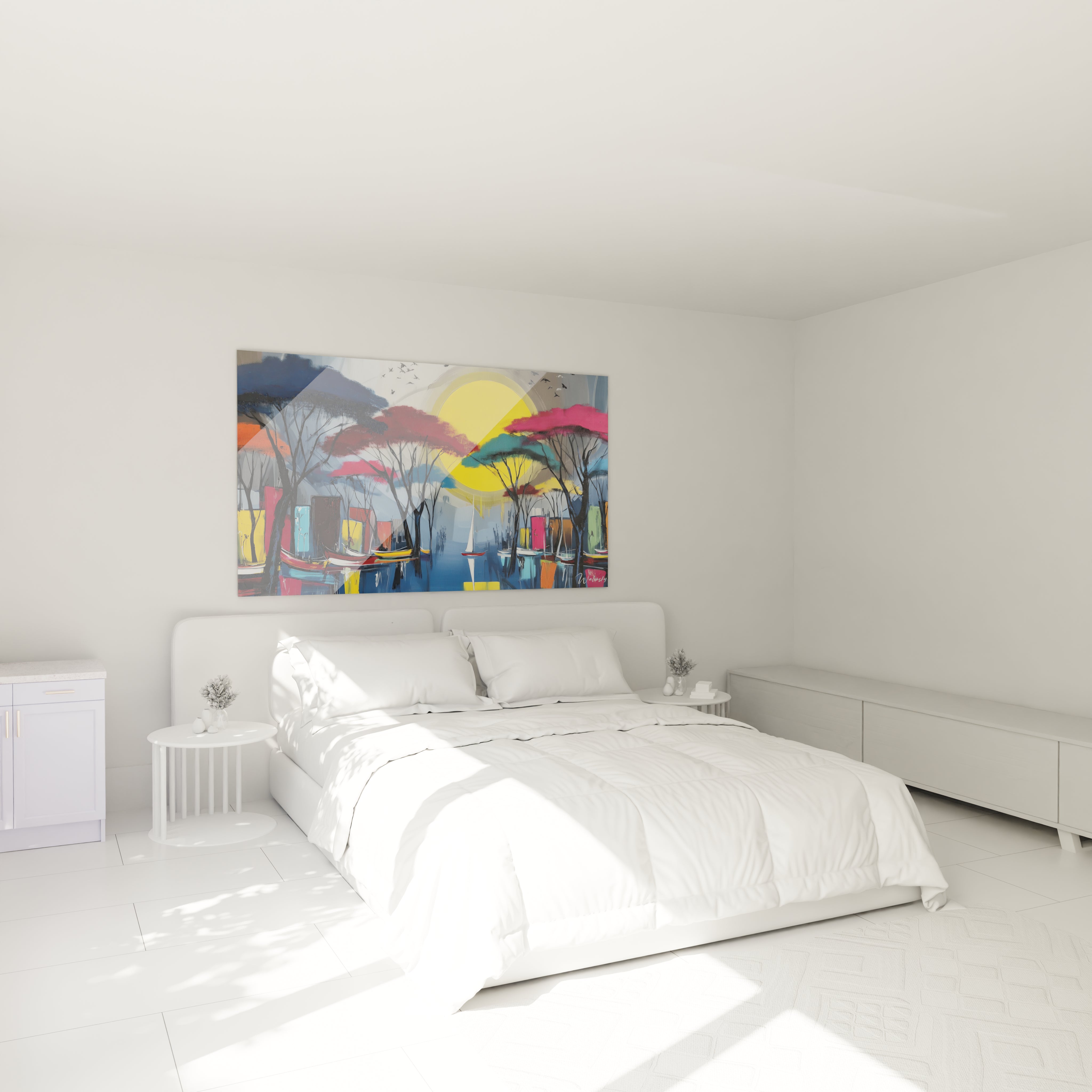 Tableau paysage africain contemporain de Walensky suspendu au-dessus d'un lit moderne dans une chambre lumineuse