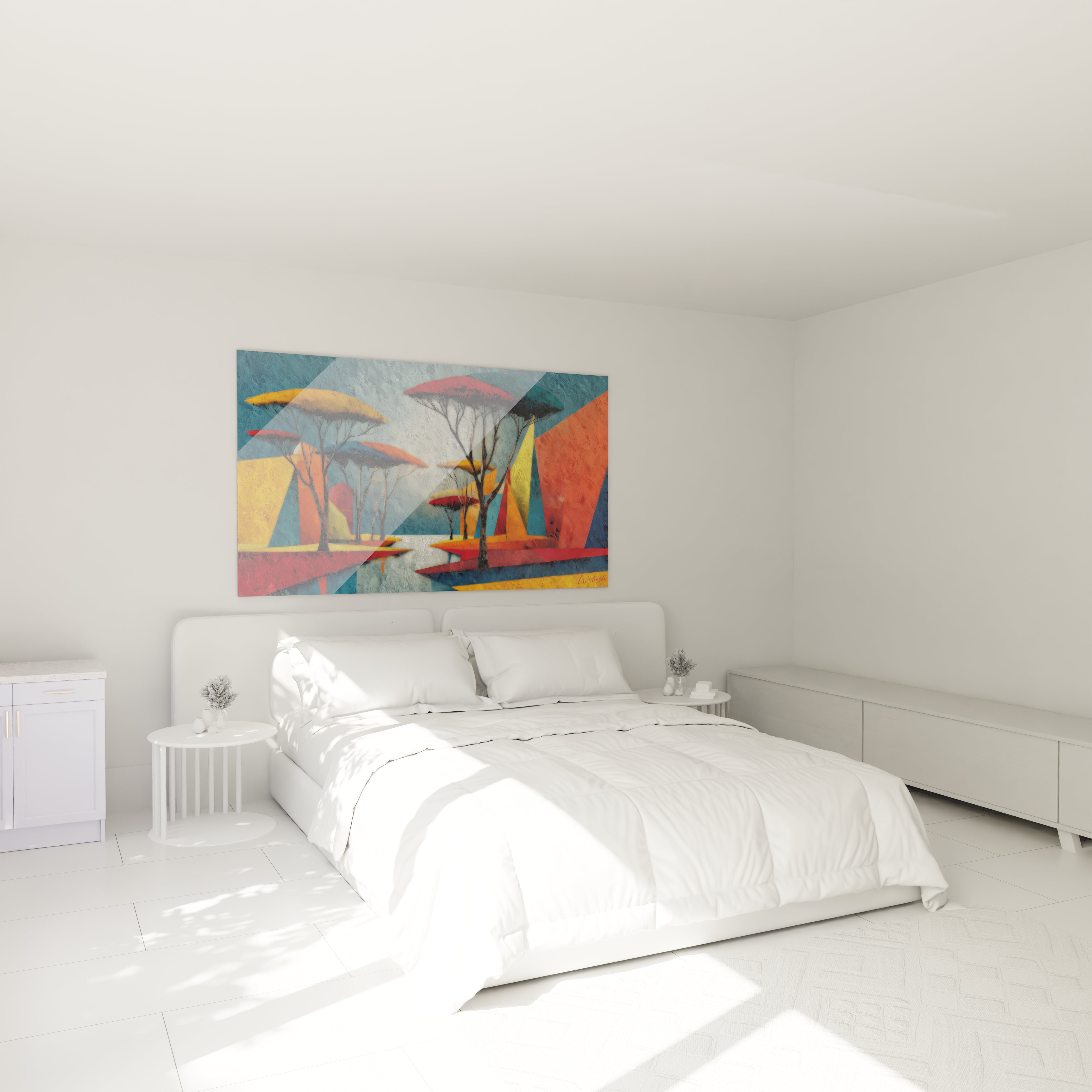 Tableau paysage africain contemporain de Walensky sur un mur dans une chambre moderne et lumineuse