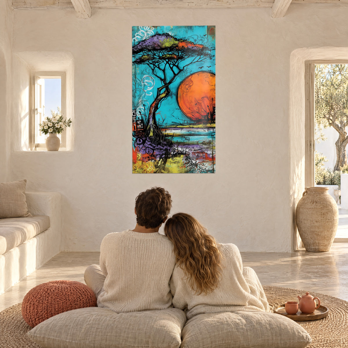 Tableau arbre à parasol, traits d'encre noirs, soleil orange, ciel turquoise, couple enlacé de dos assis sur des coussins blancs