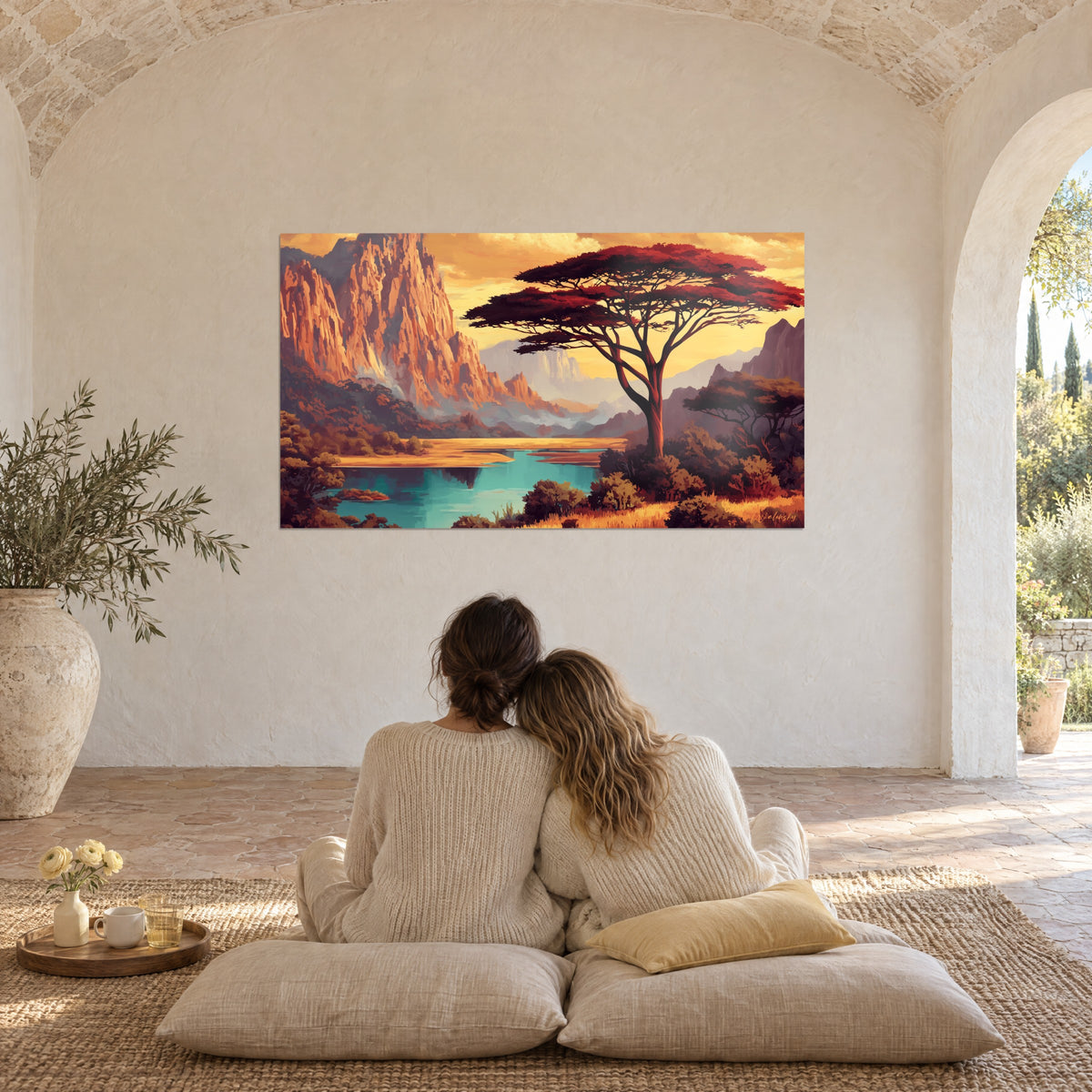 Tableau vallée au crépuscule, acacia pourpre, rochers orangés et eau turquoise, contemplé par un couple sous une voûte blanche