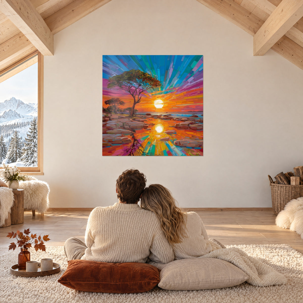 Tableau soleil double reflété dans une mare dorée, acacia penché, ciel de touches bleues et rouges, face à un couple dans un chalet