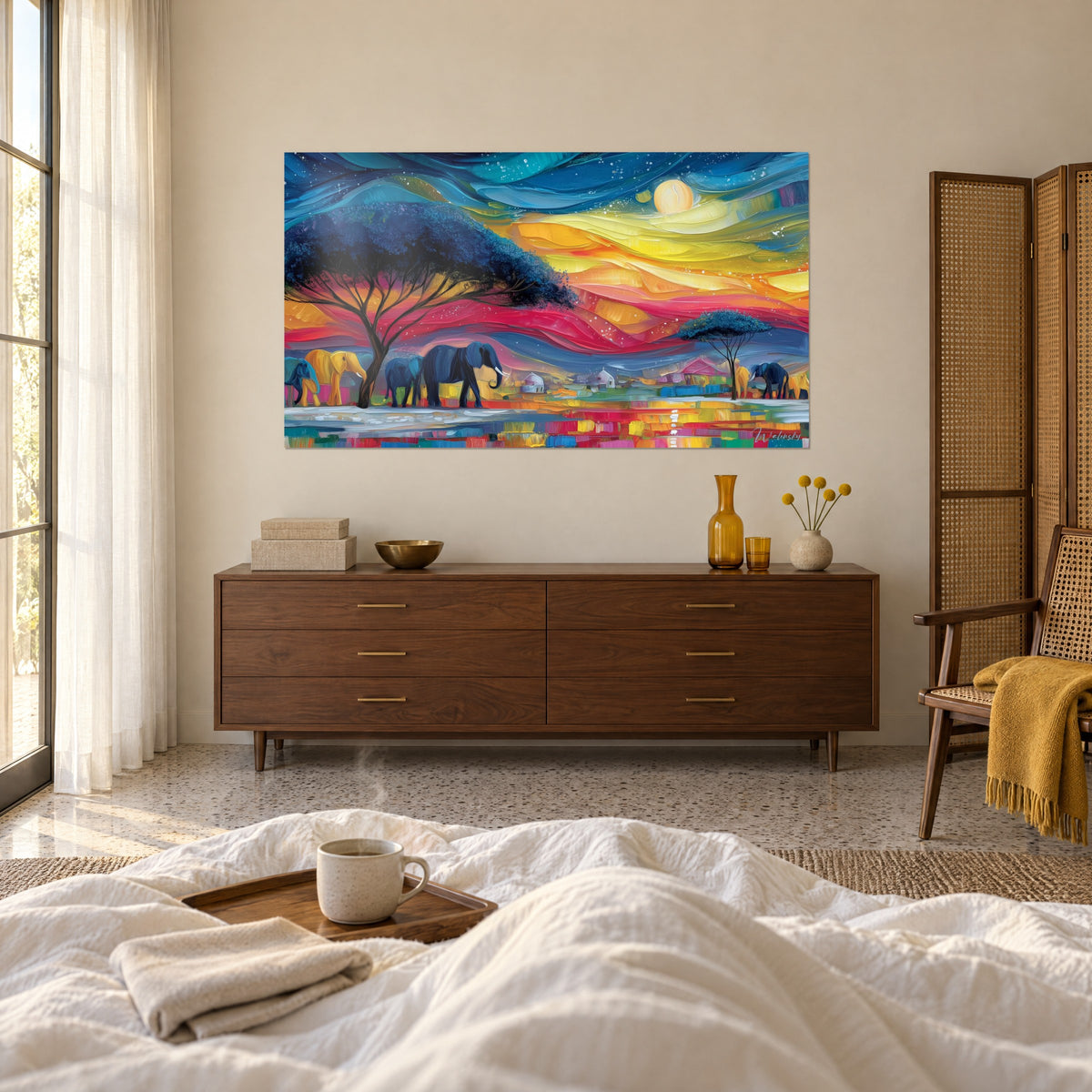 Cuadro elefantes africanos al atardecer, acacia índigo, olas carmesí y amarillas, sobre una cama en un dormitorio luminoso