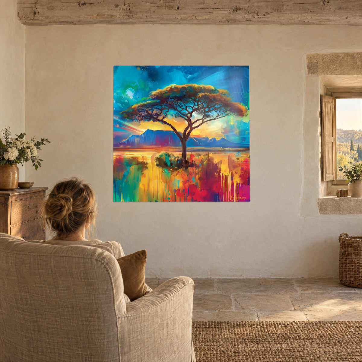 Cuadro gran acacia extendida sobre un horizonte azul y naranja, hierbas coloridas con gotas vivas, una persona de espaldas en un sillón beige