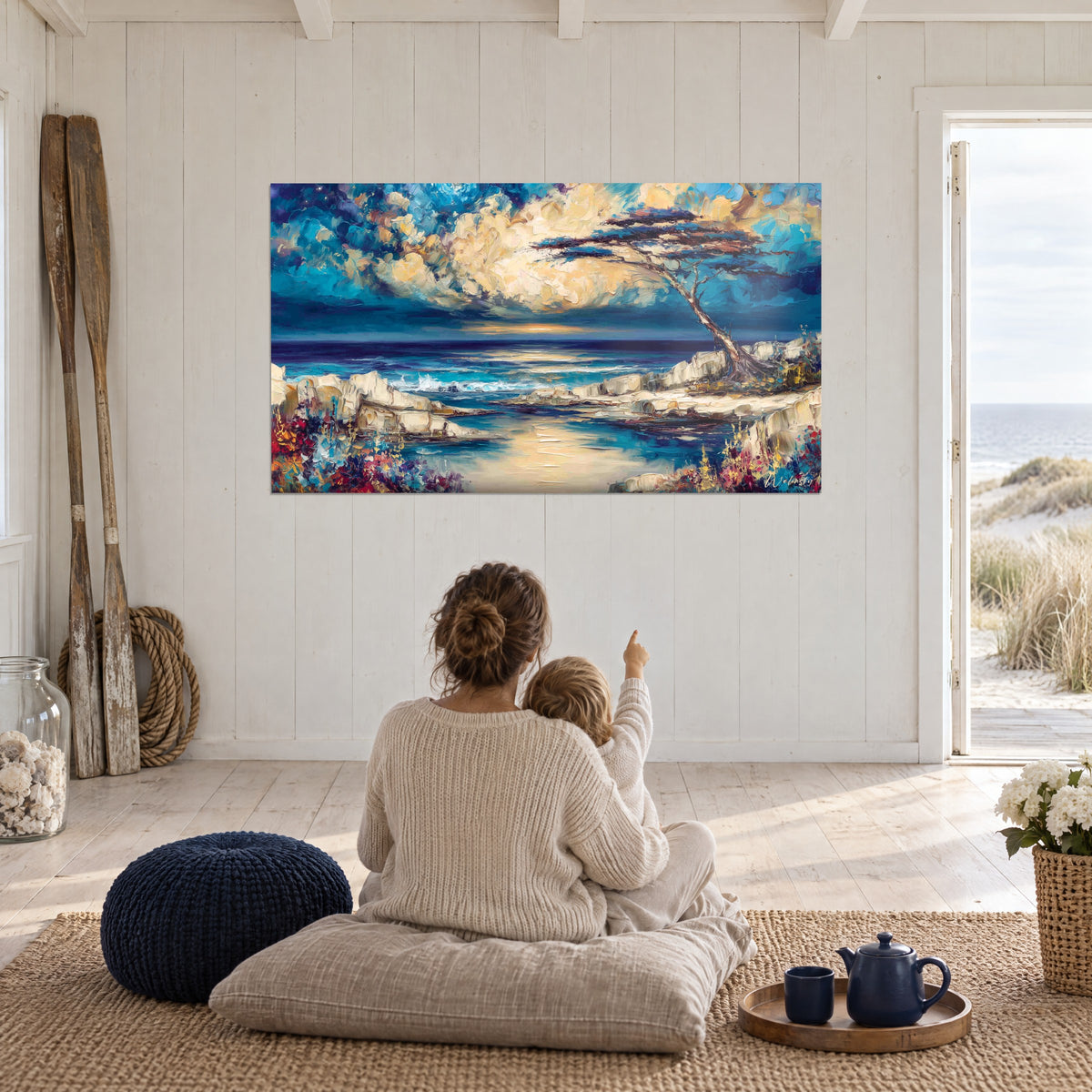 Cuadro de laguna africana en pintura gruesa, cielo turquesa y amarillo mantequilla, mar violeta, mirado por una madre y su hijo
