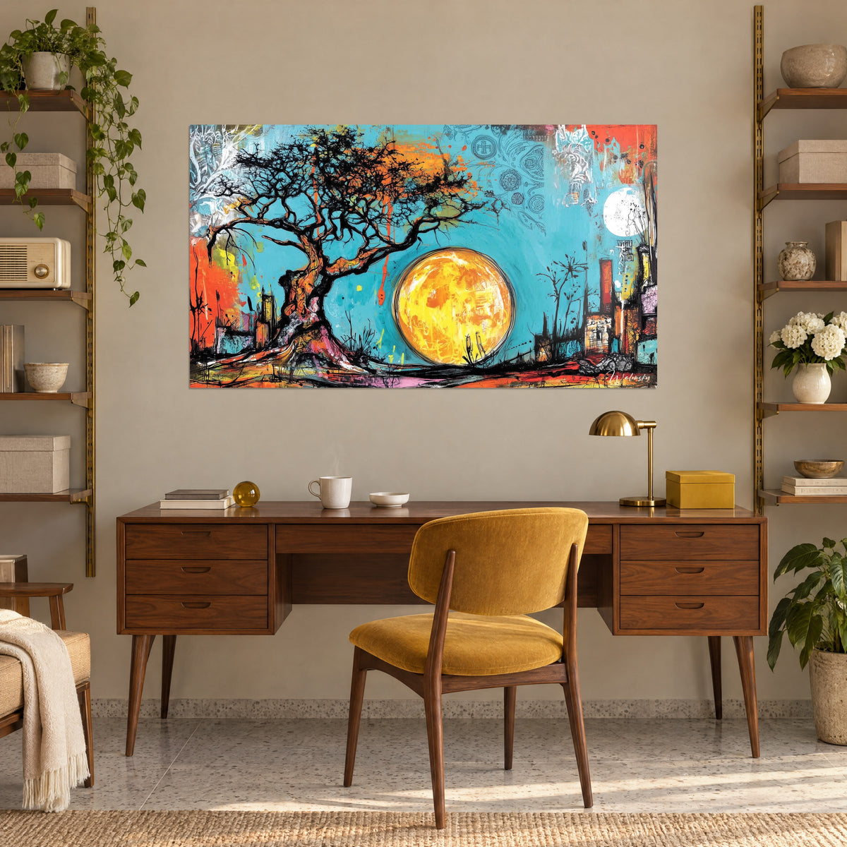 Cuadro de un paisaje africano pintado, con un árbol negro nudoso, luna llena ámbar y edificios rojo ladrillo, encima de un escritorio de madera
