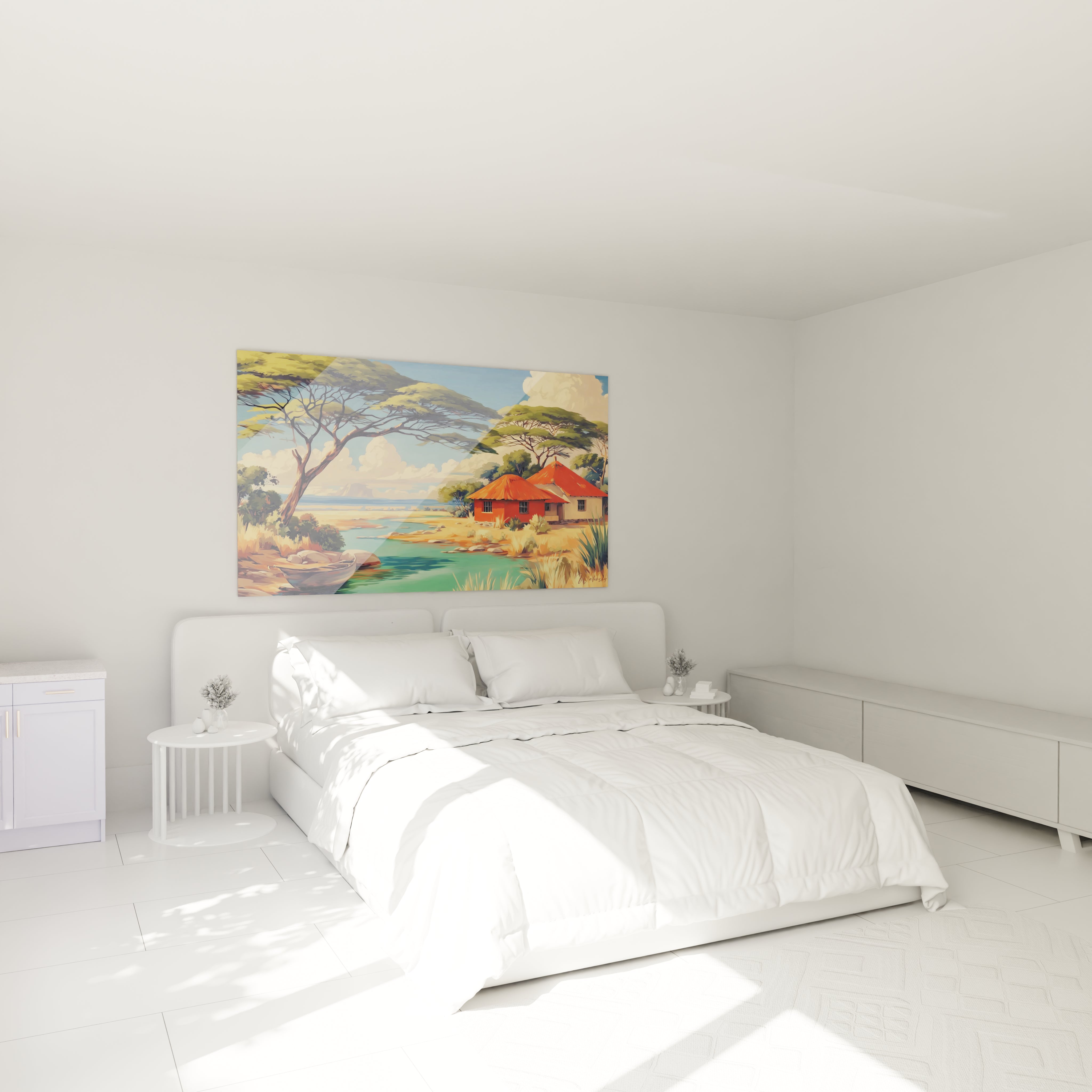 Tableau mural paysage africain avec une maison rouge au bord de l'eau dans une chambre lumineuse