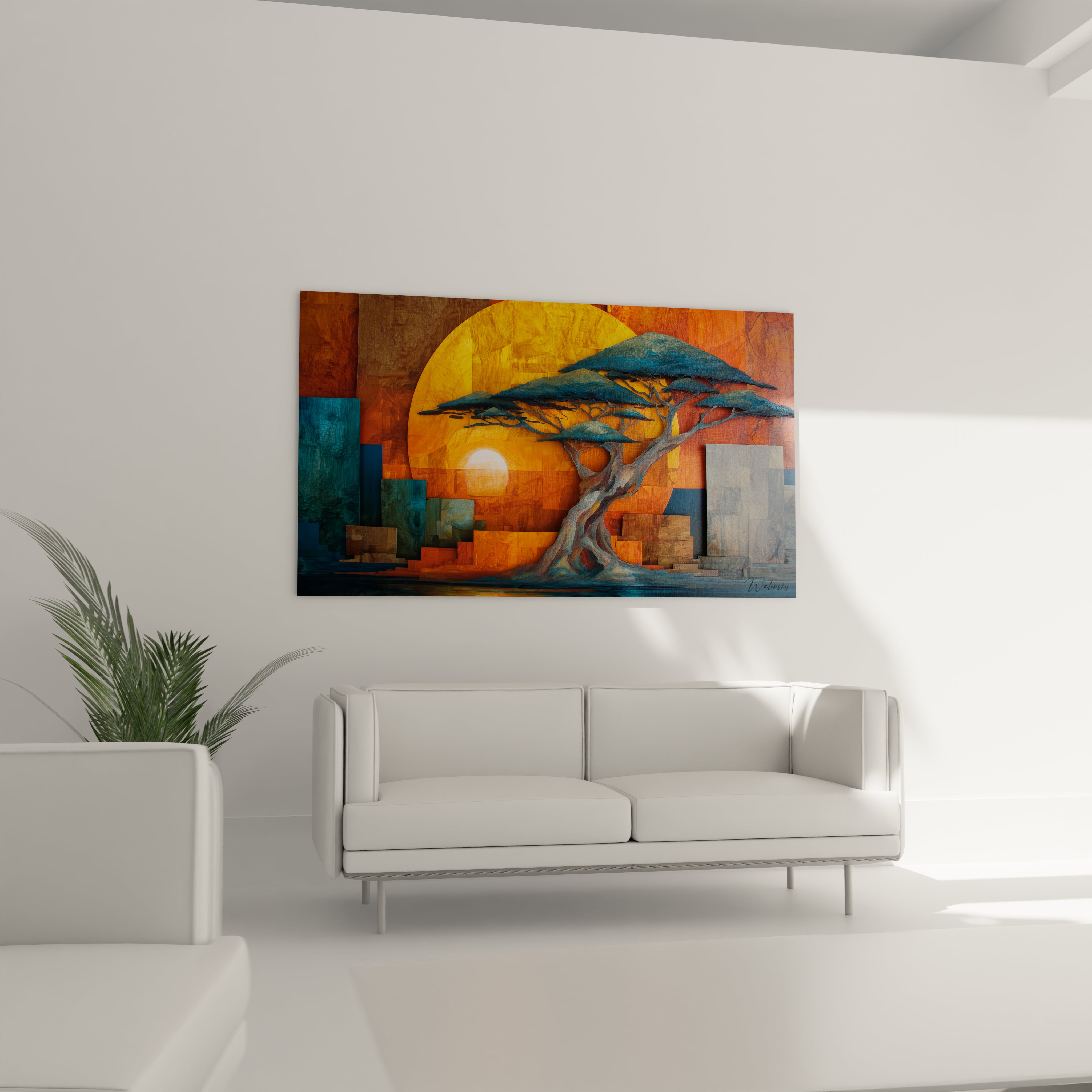 Tableau paysage africain moderne avec un arbre au coucher de soleil et des formes géométriques colorées