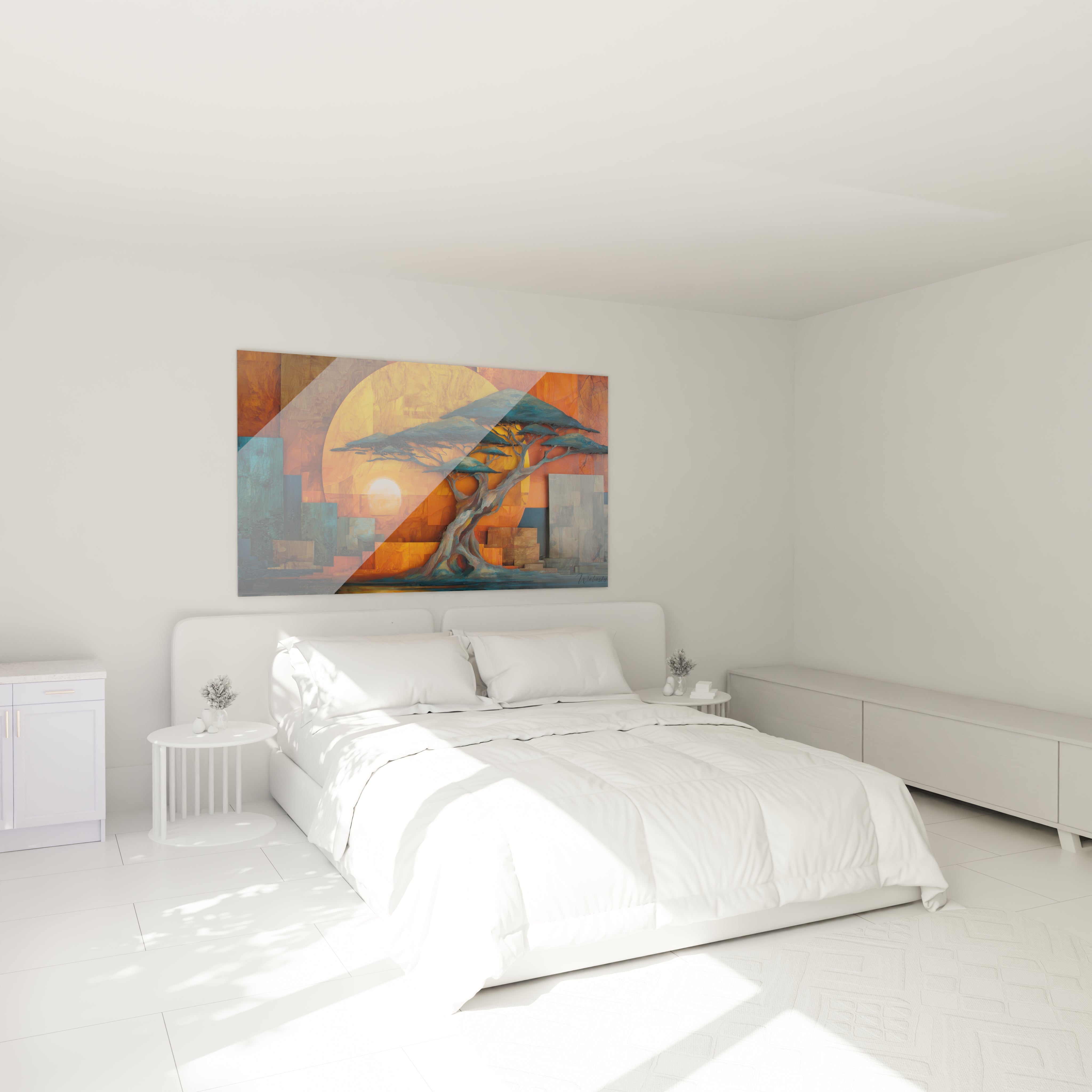 Tableau paysage africain moderne de Walensky accroché au mur d'une chambre minimaliste