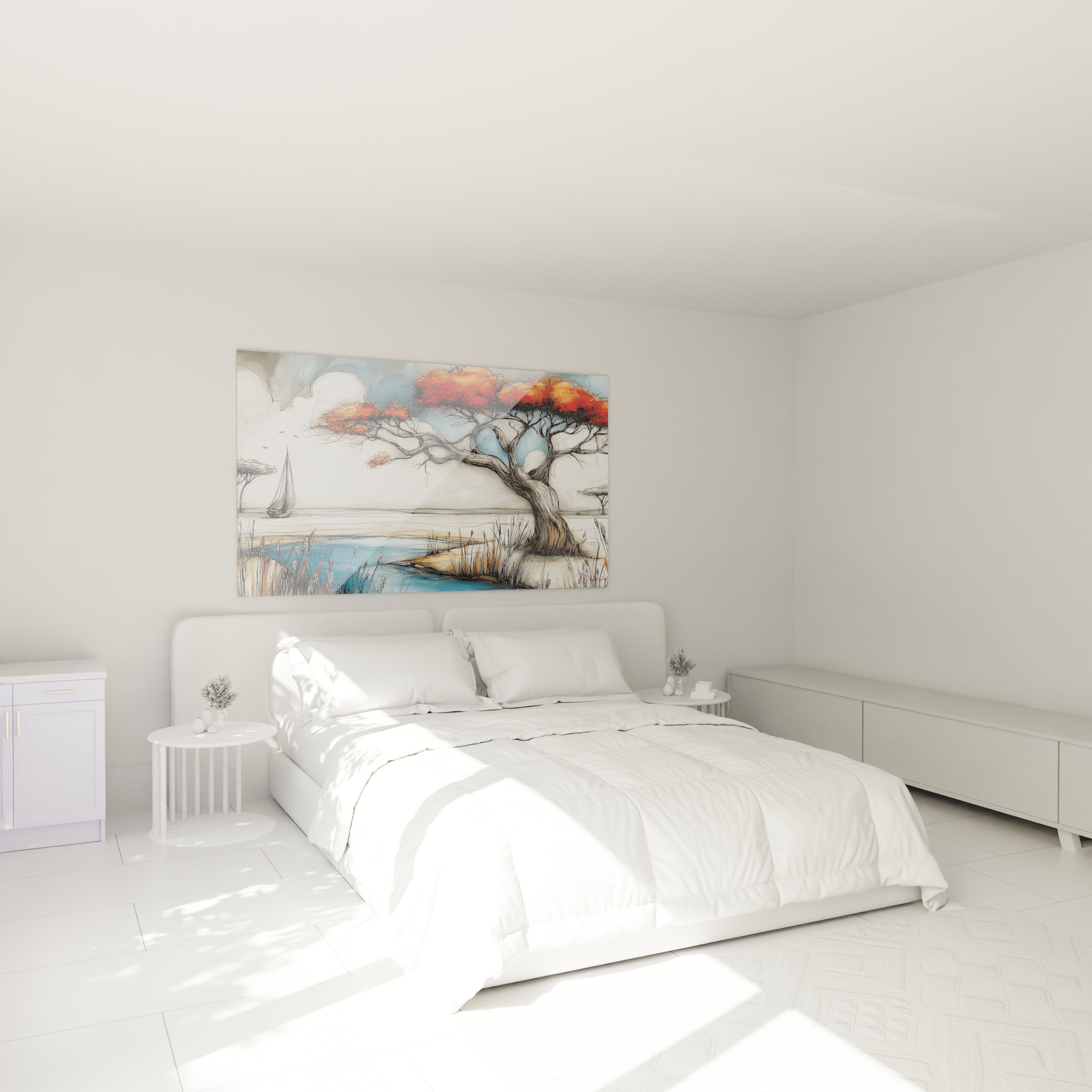 Tableau mural paysage africain moderne avec arbres et voile, décorant une chambre contemporaines