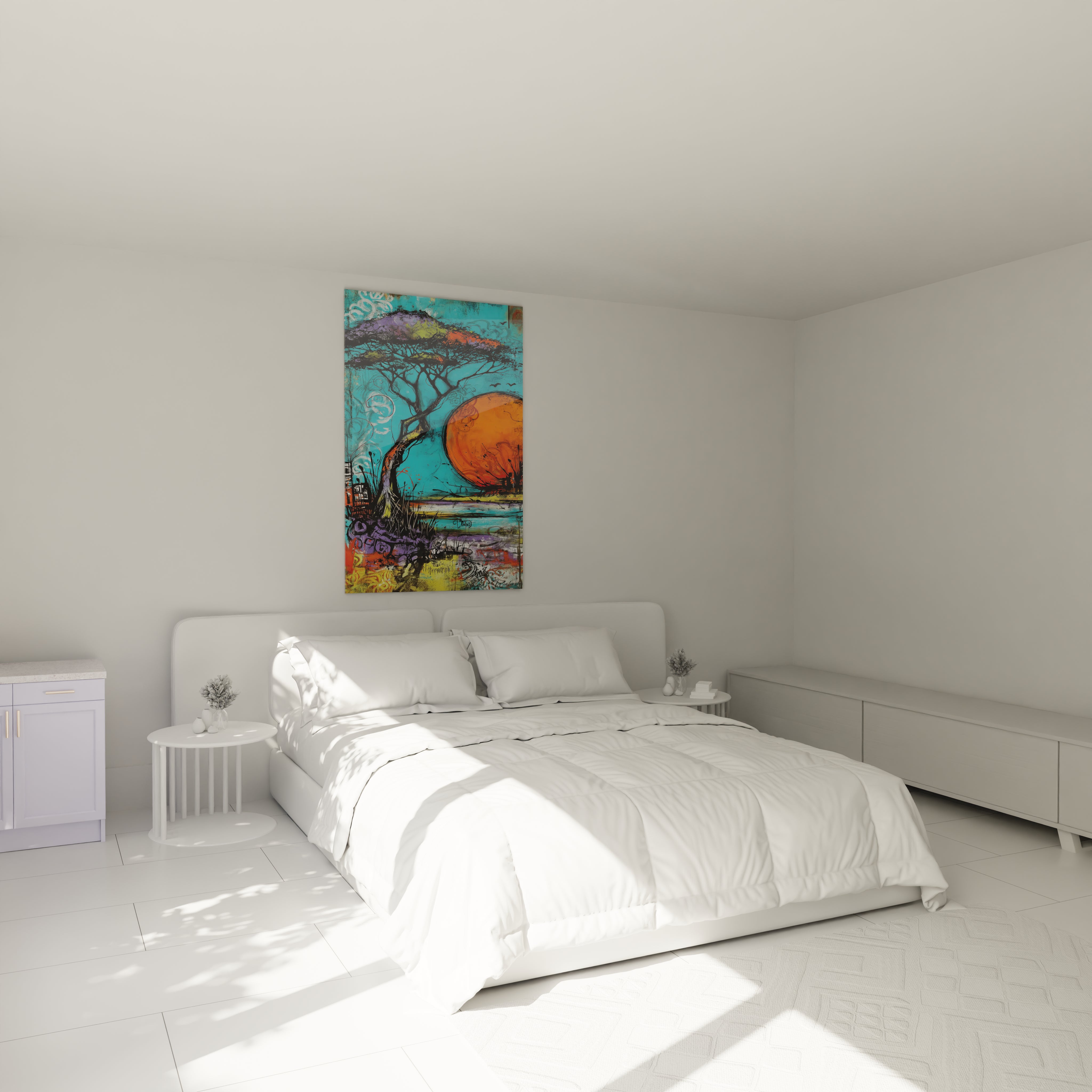 Tableau paysage africain moderne accroché au mur d'une chambre lumineuse avec un lit blanc