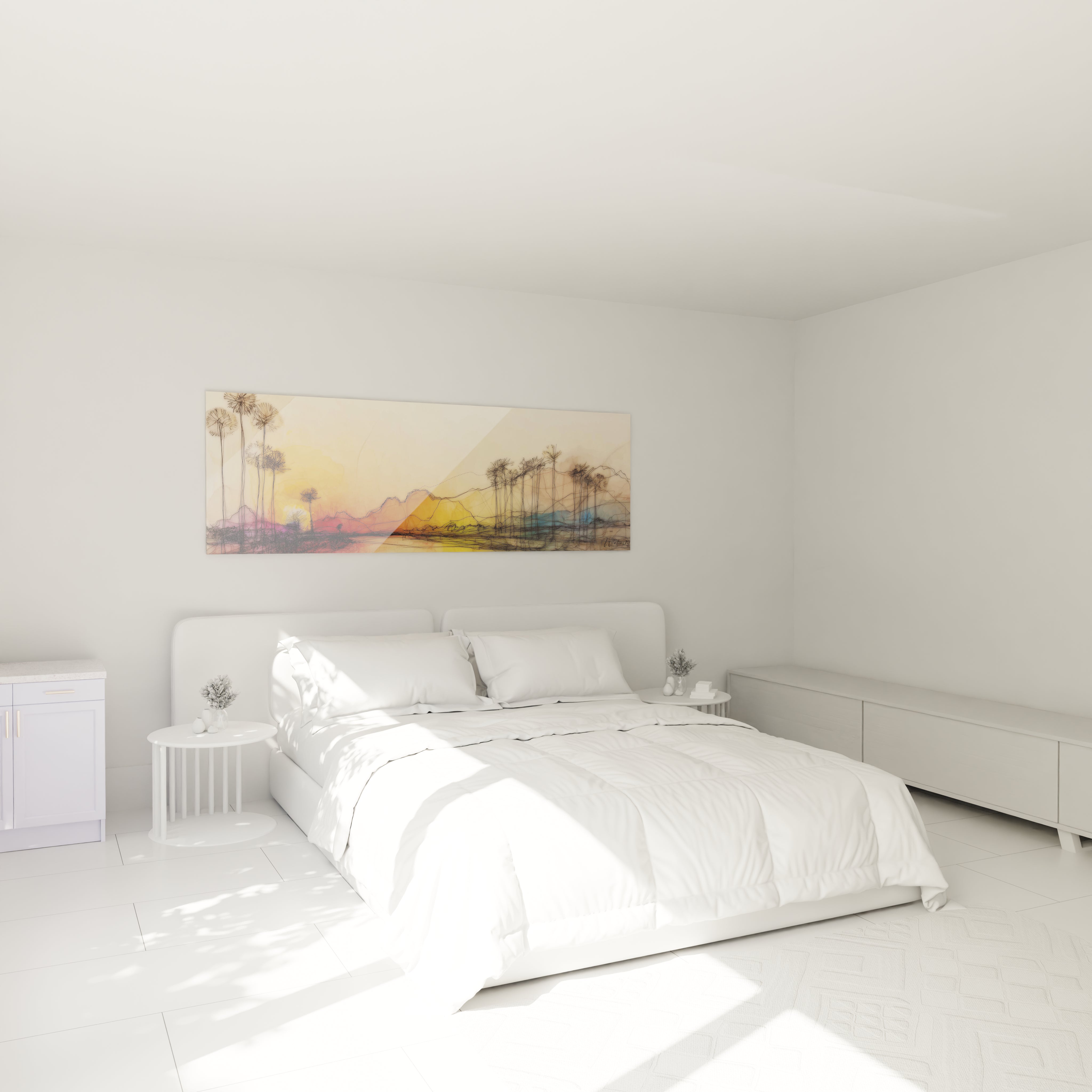 Tableau paysage africain moderne de Walensky au-dessus d'un lit blanc dans une chambre lumineuse