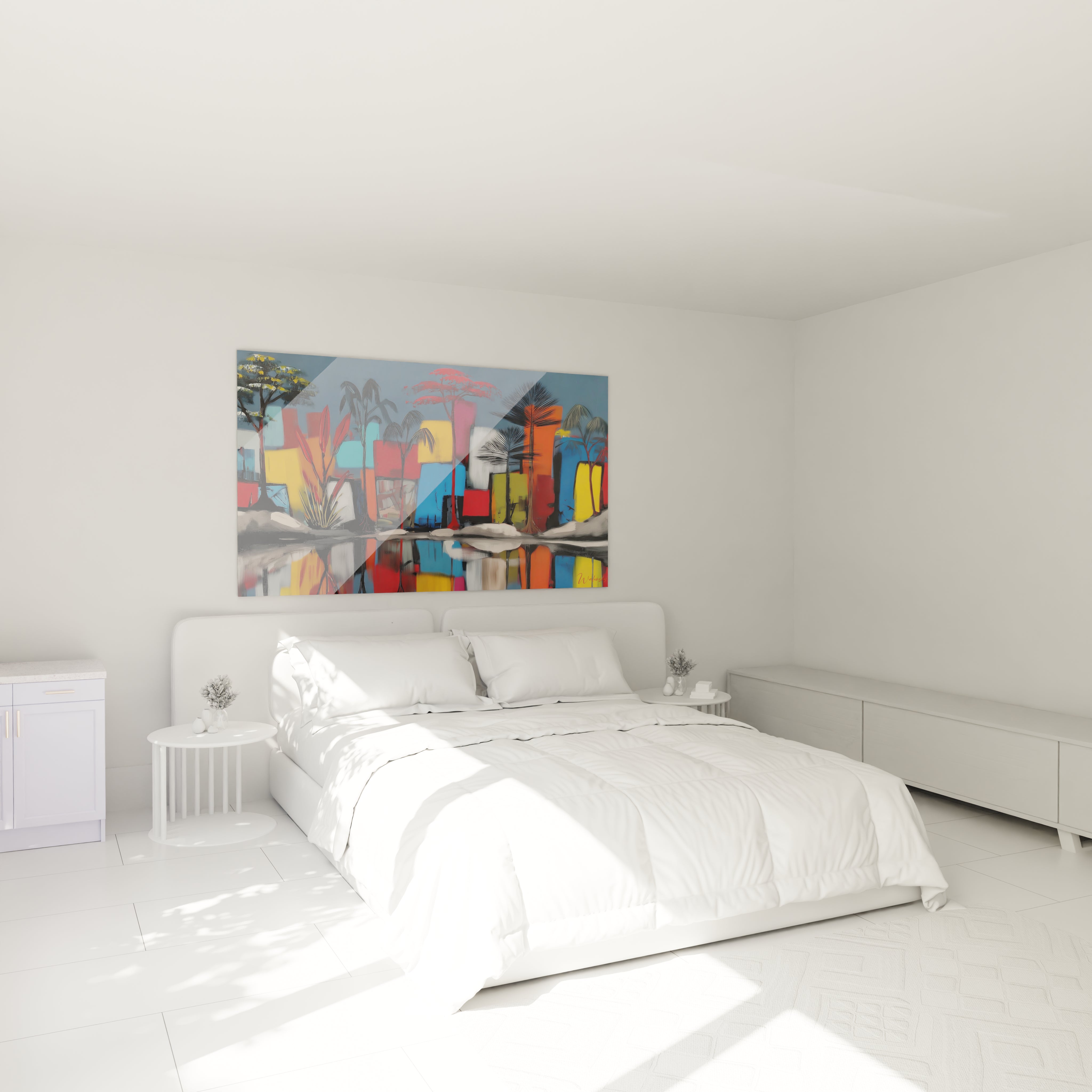 Tableau paysage africain moderne de Walensky, affiché dans une chambre lumineuse avec un lit blanc