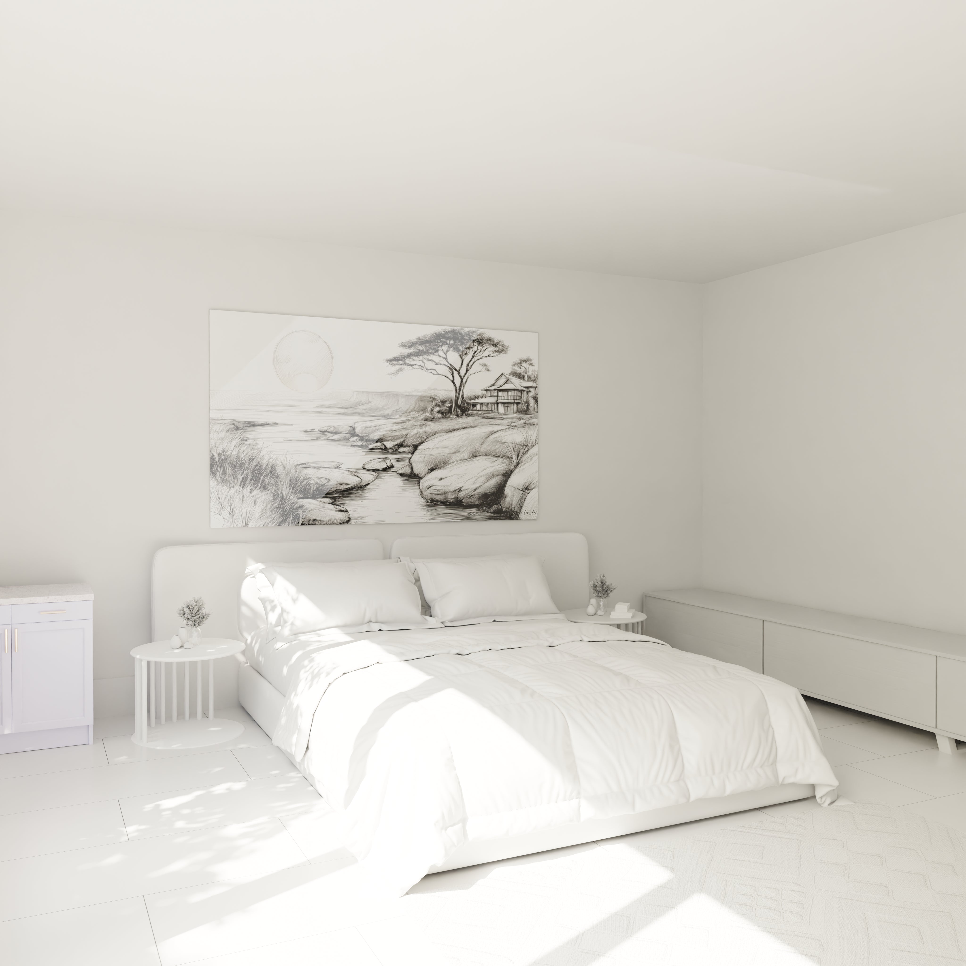 Tableau paysage africain moderne de Walensky décorant une chambre blanche minimaliste et lumineuse