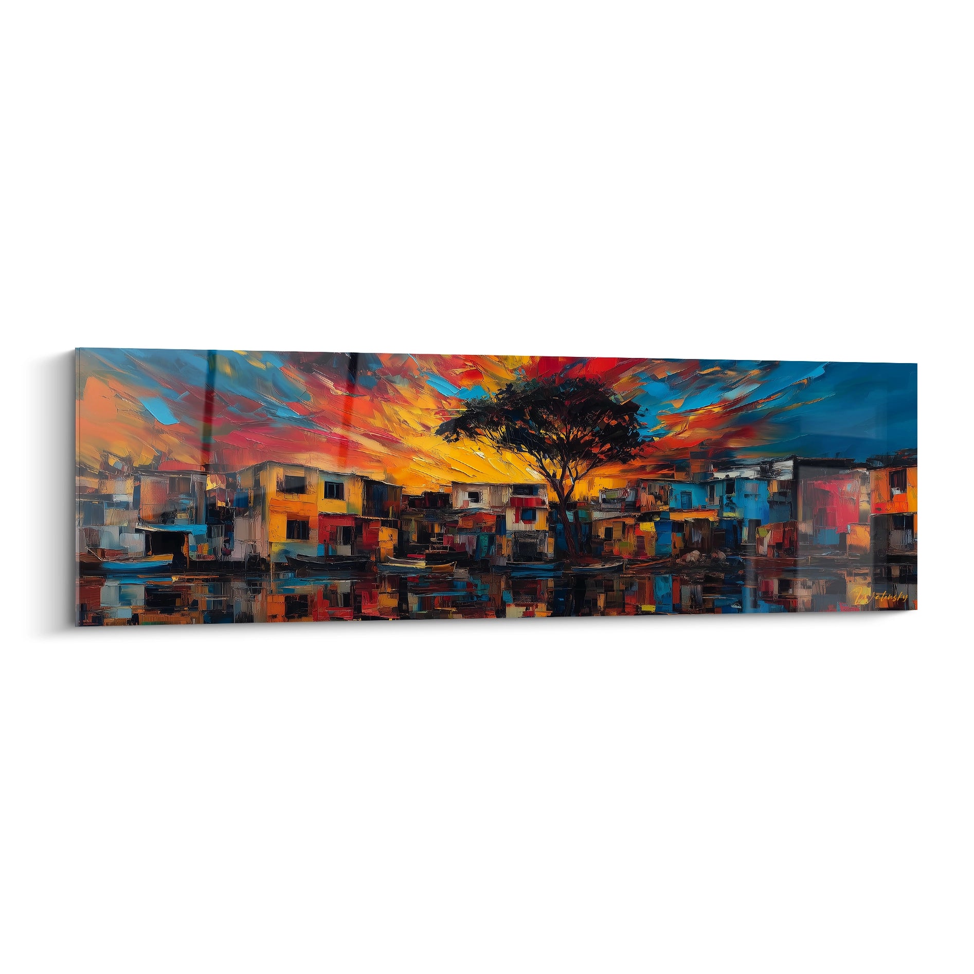 Tableau paysage africain moderne avec des couleurs vives et des reflets sur l'eau au coucher de soleil
