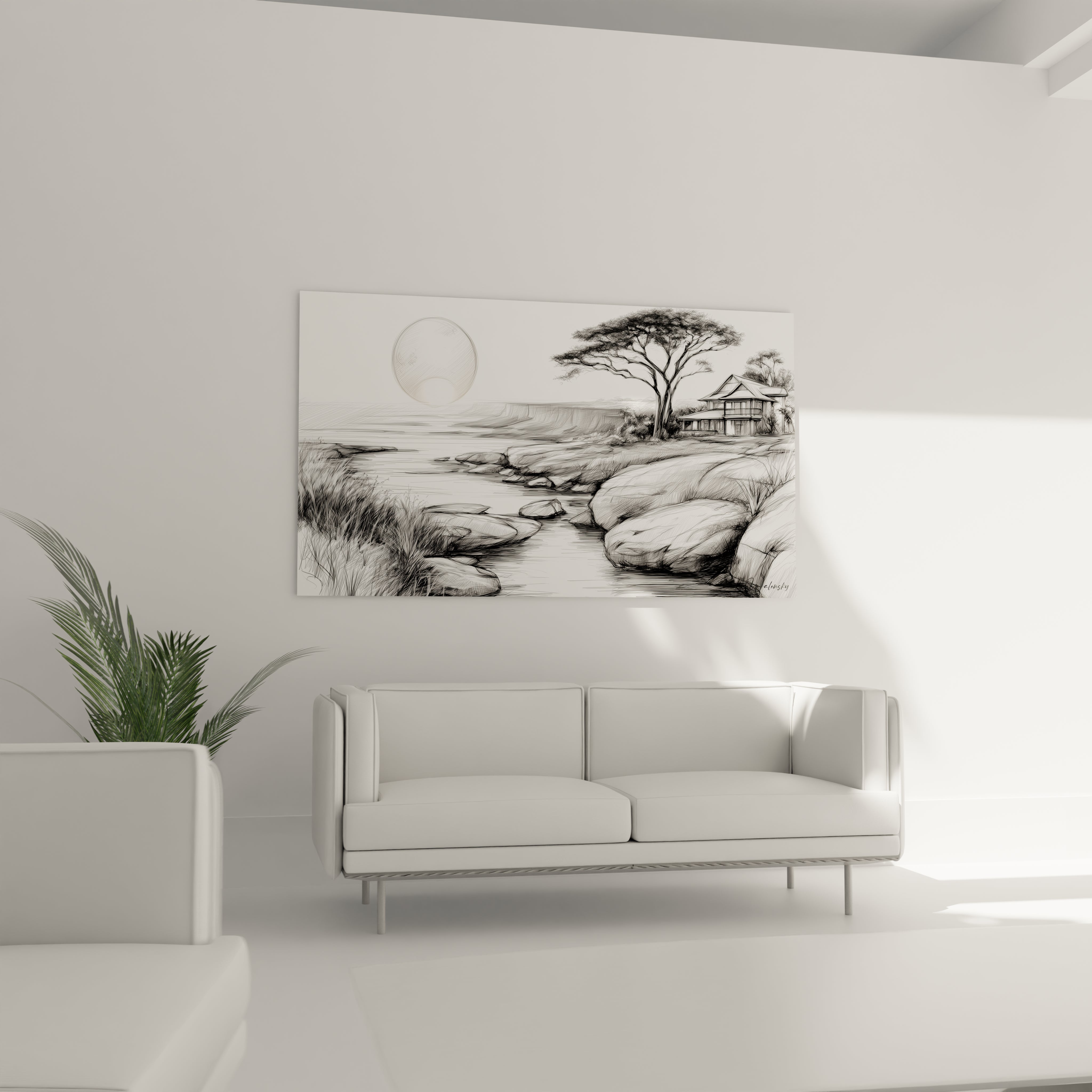 Tableau paysage africain moderne de Walensky affiché au-dessus d'un canapé dans un salon minimaliste
