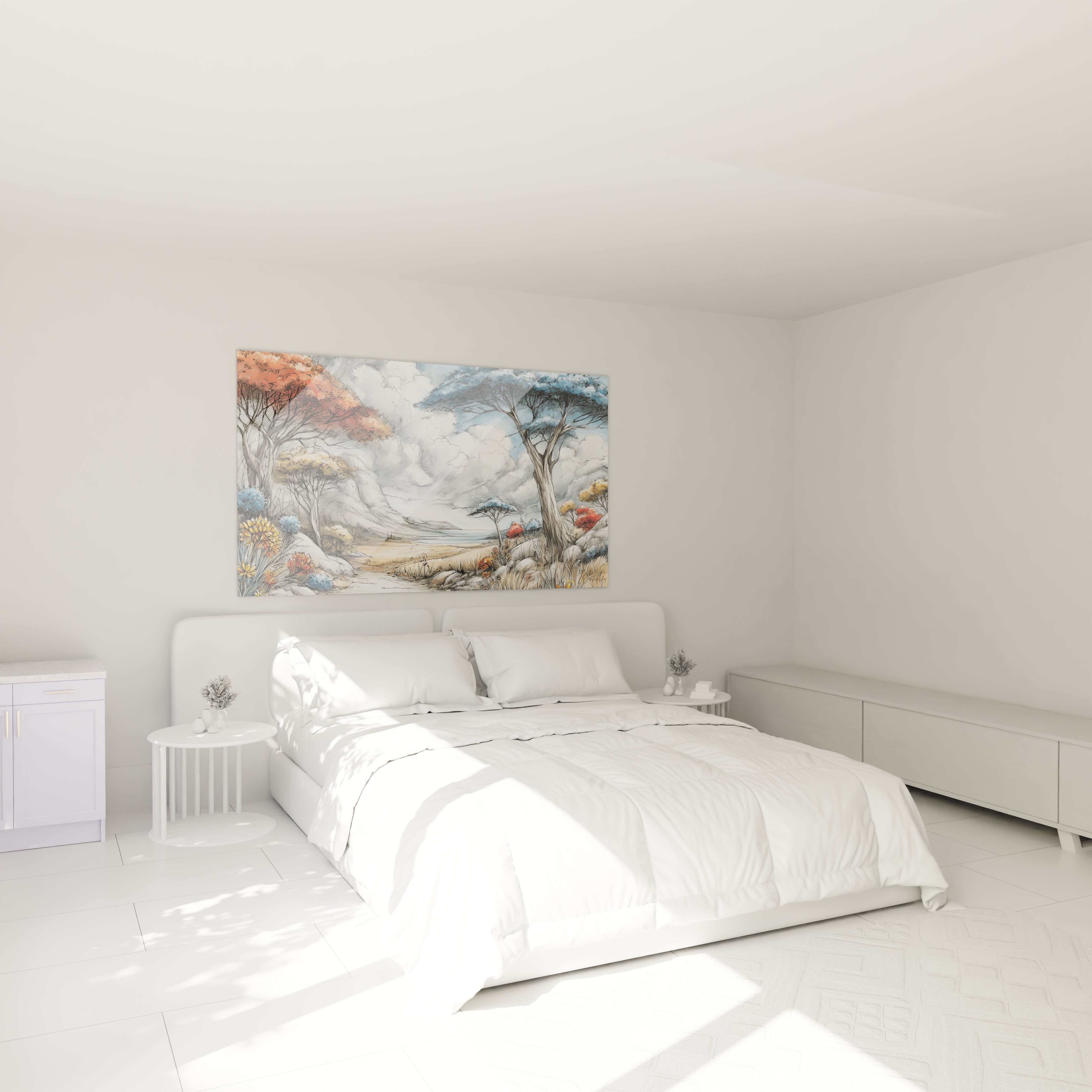 Tableau paysage africain moderne de Walensky accroché au mur d'une chambre minimaliste lumineuse