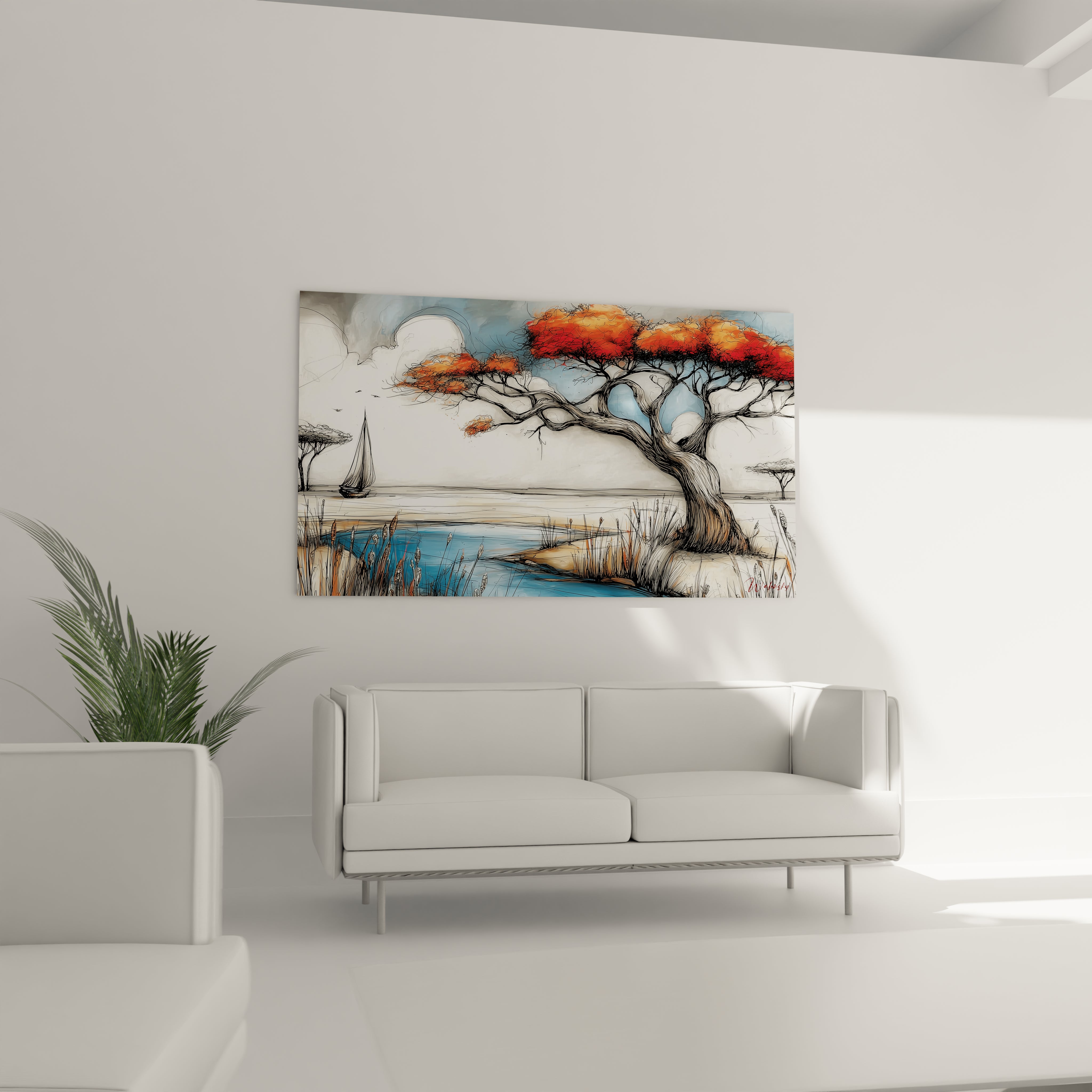 Tableau mural paysage africain moderne avec un arbre rouge et un voilier sur un fond naturel
