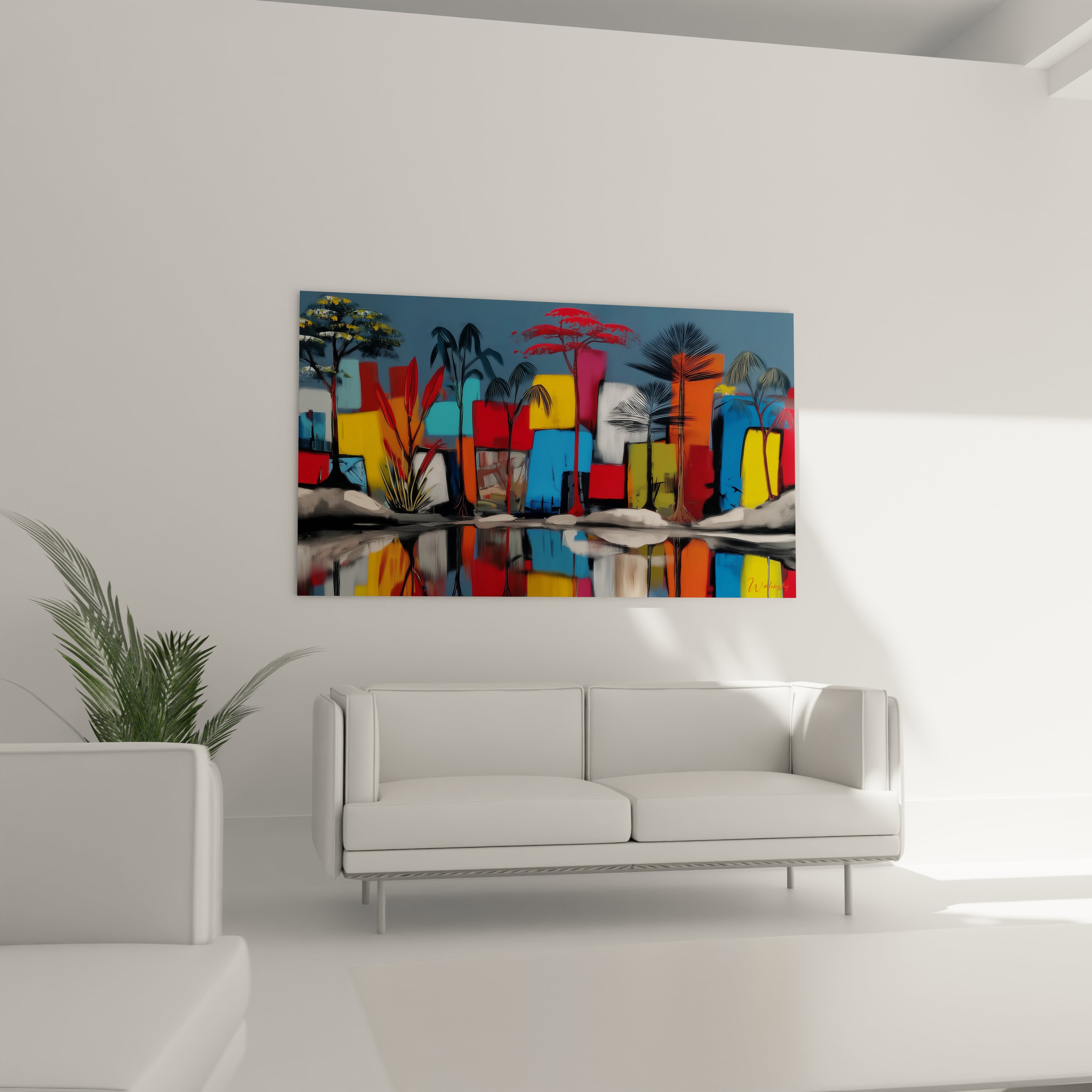 Tableau mural paysage africain moderne avec des couleurs vives et un reflet sur l'eau
