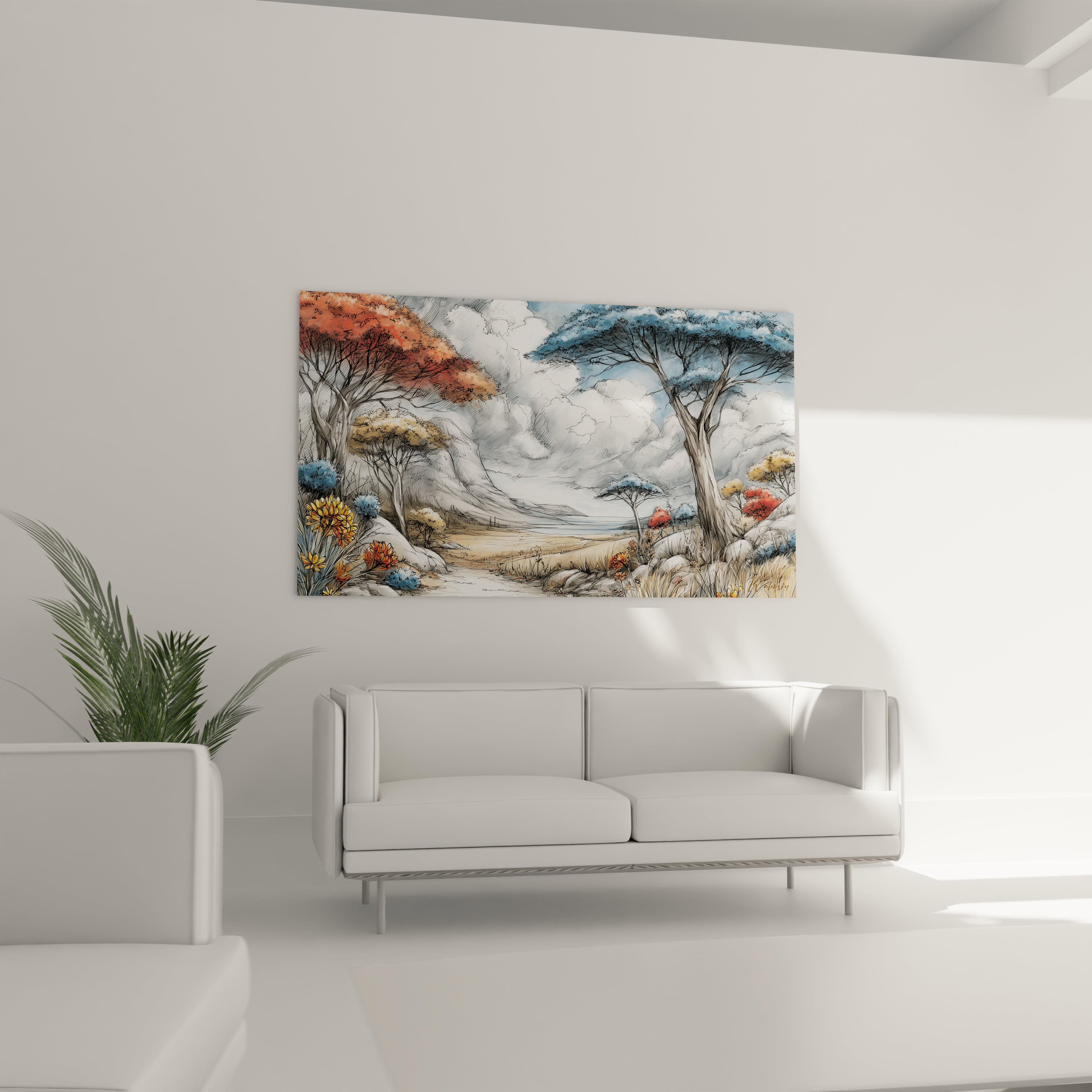 Tableau paysage africain moderne de Walensky avec des arbres colorés dans un décor contemporain