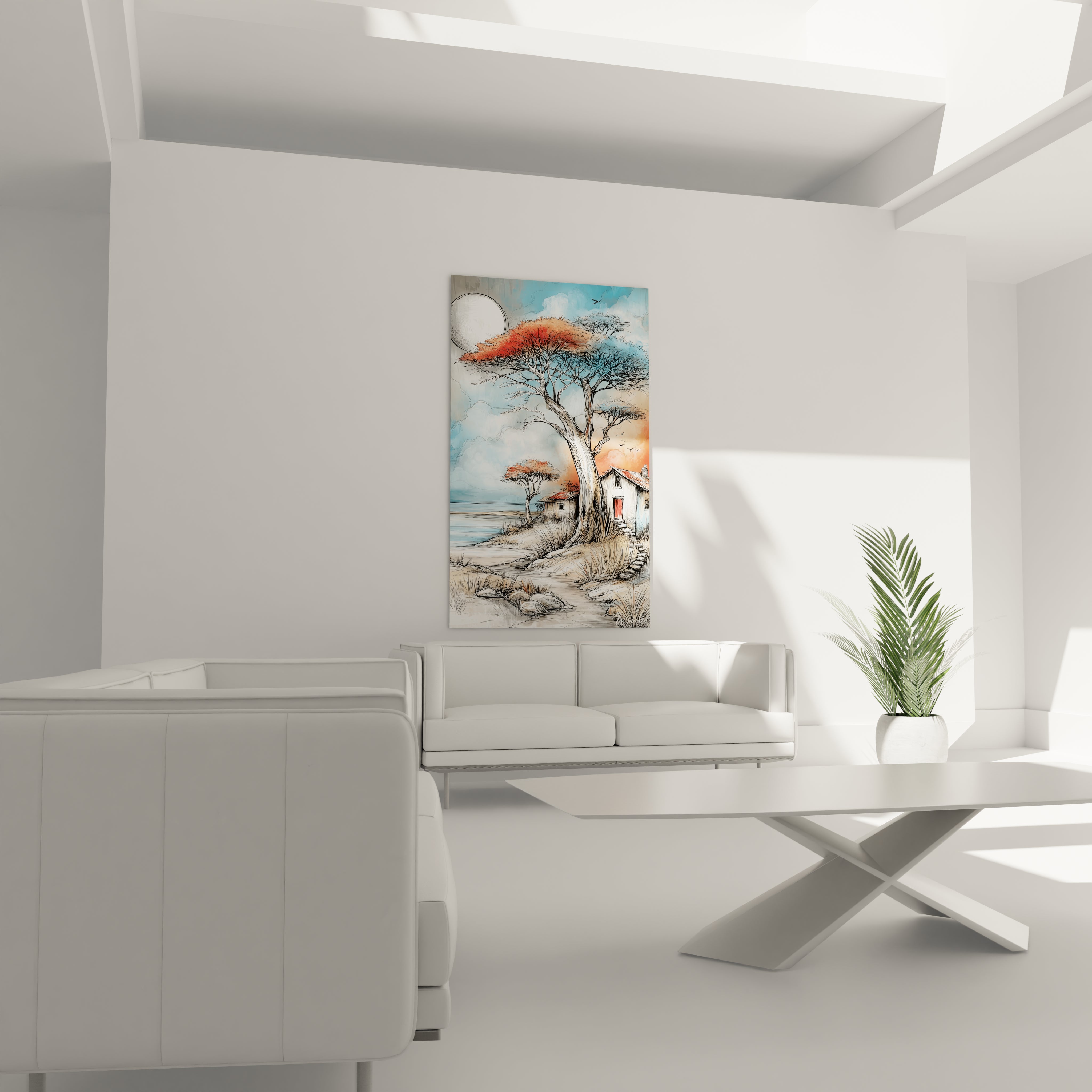 Tableau mural paysage africain moderne avec des arbres et un ciel bleu, idéal pour la décoration intérieure