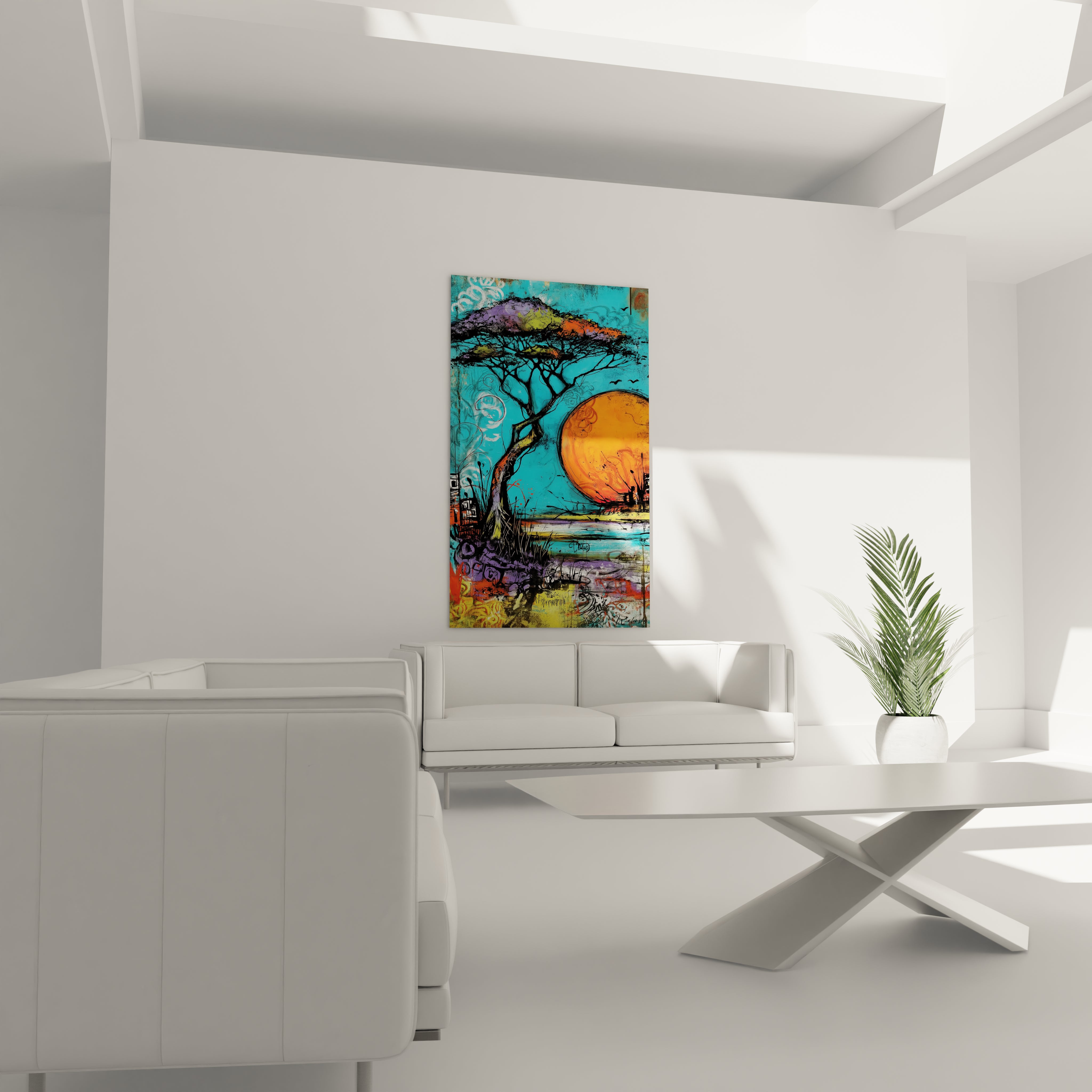 Tableau paysage africain moderne de Walensky avec un arbre et un coucher de soleil coloré sur fond stylisé