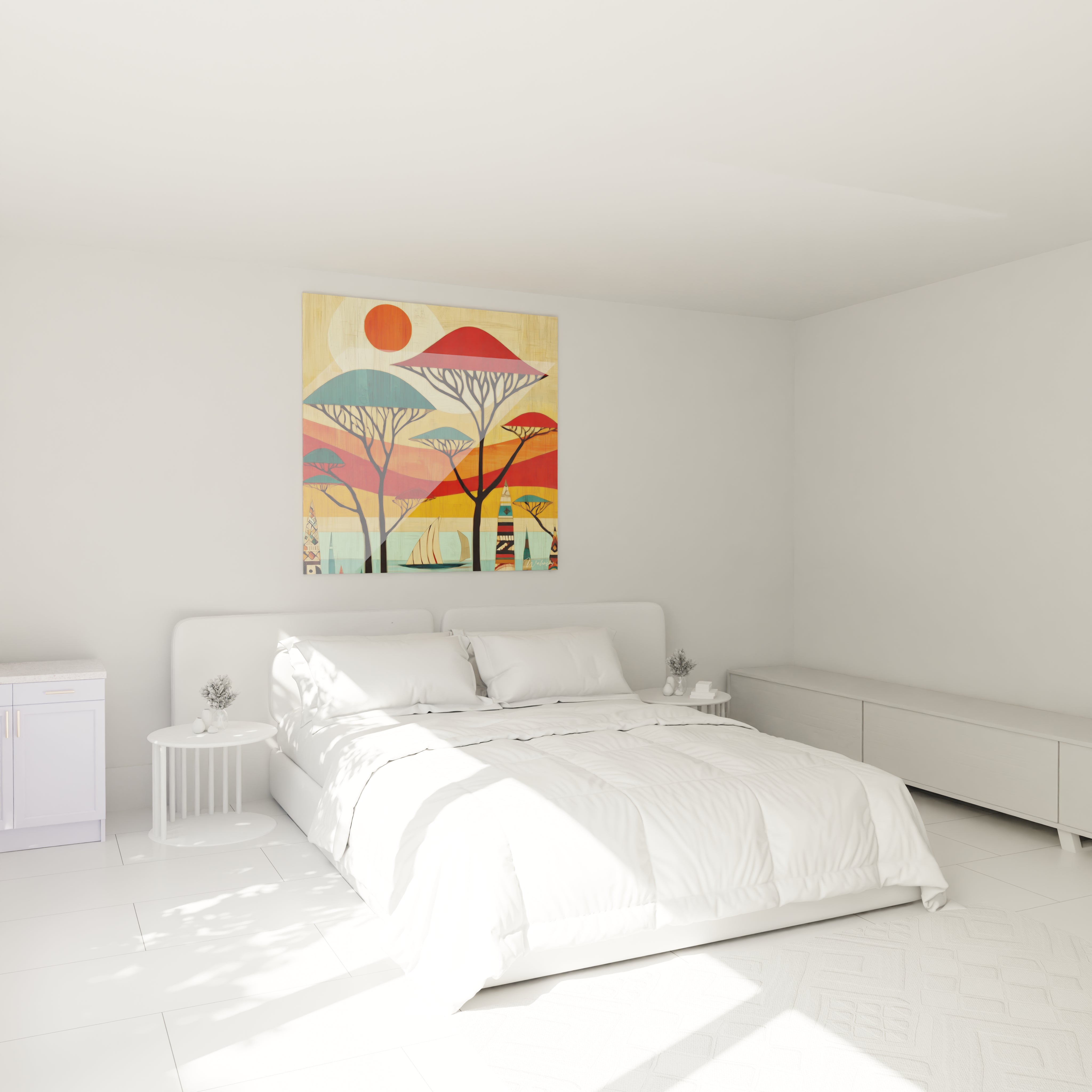 Tableau mural paysage africain moderne avec des couleurs vives et des silhouettes d'arbres dans une chambre lumineuse