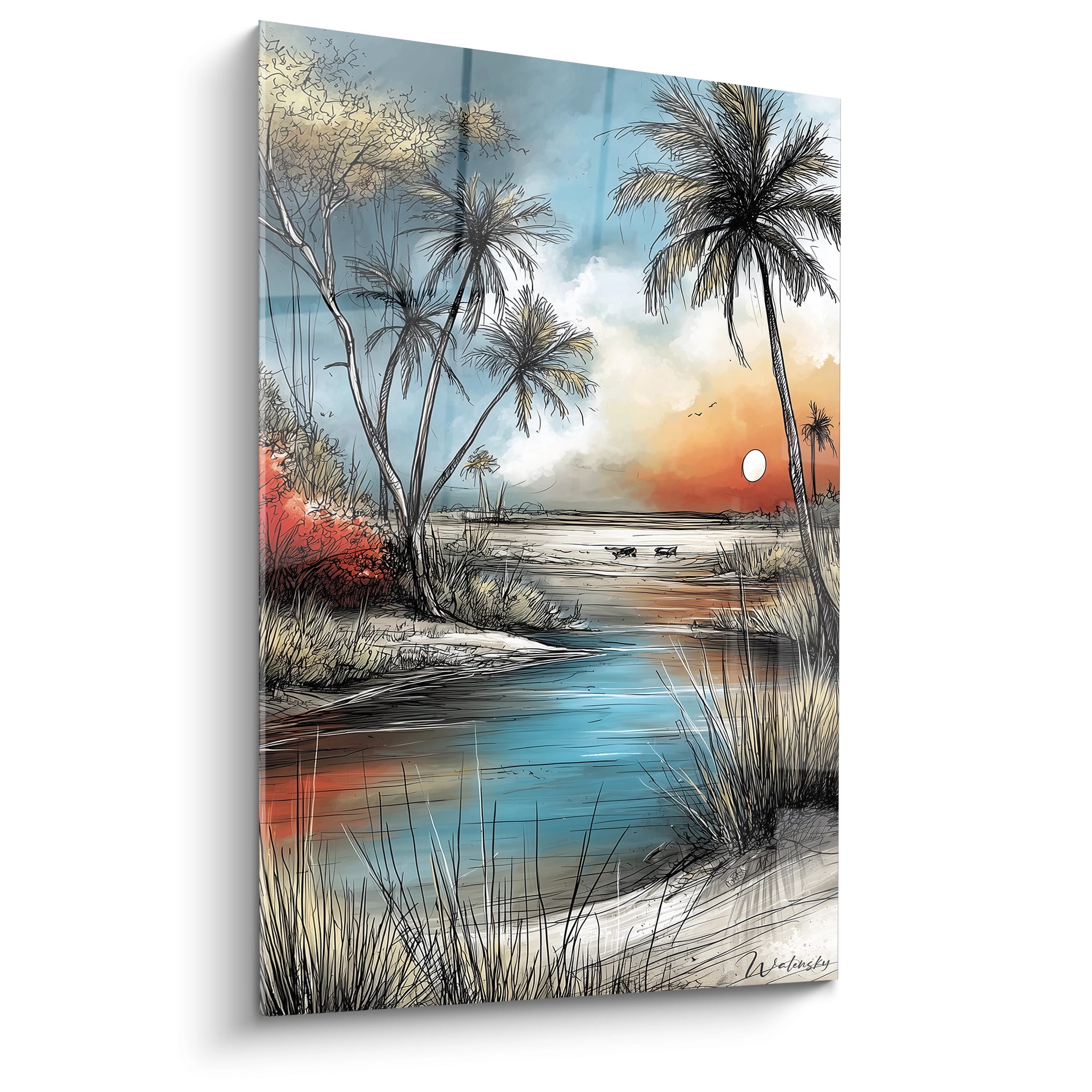 Tableau mural paysage africain avec palmiers et un coucher de soleil sur un fleuve