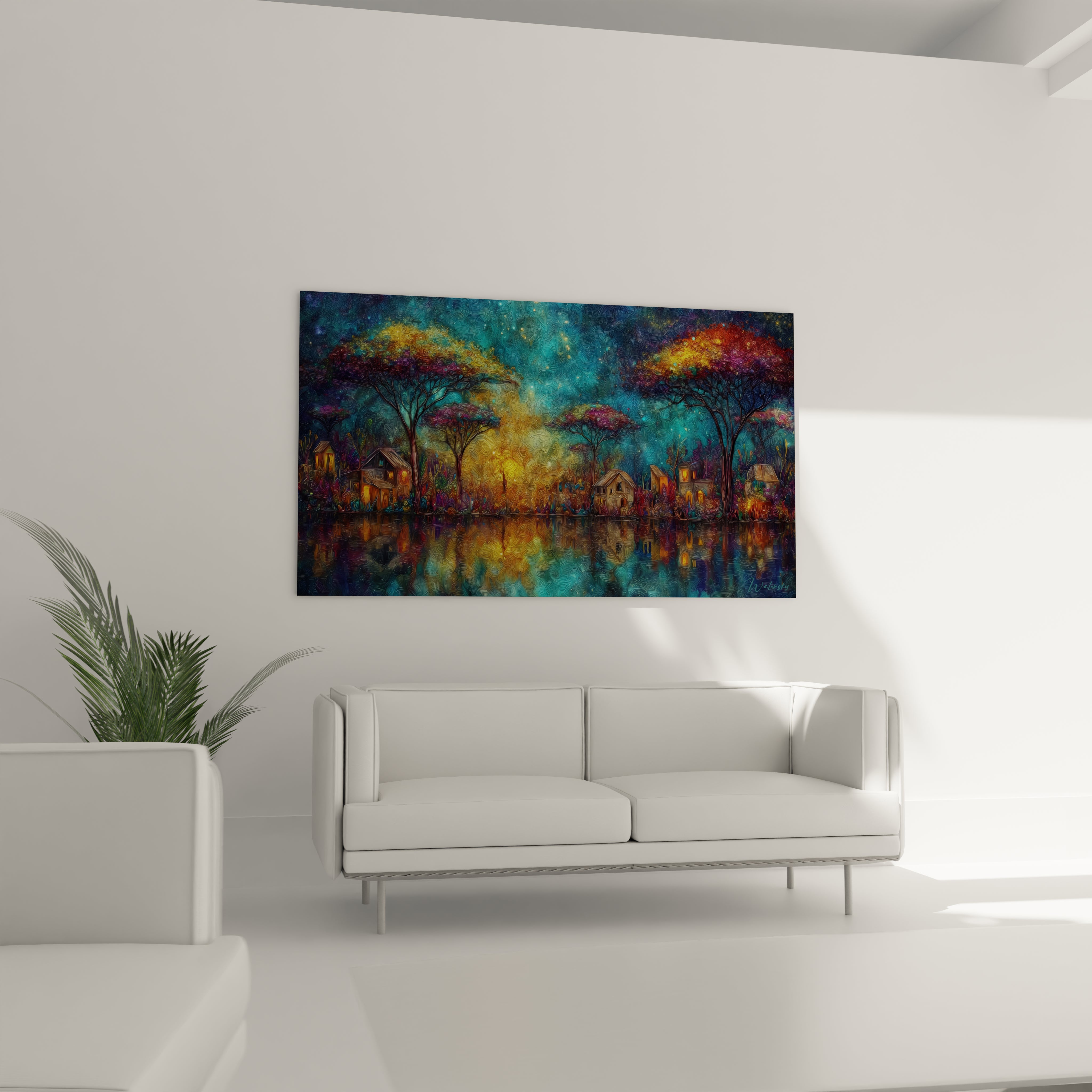 Tableau mural paysage africain avec des arbres colorés et un lac réfléchissant, idéal pour la décoration intérieure