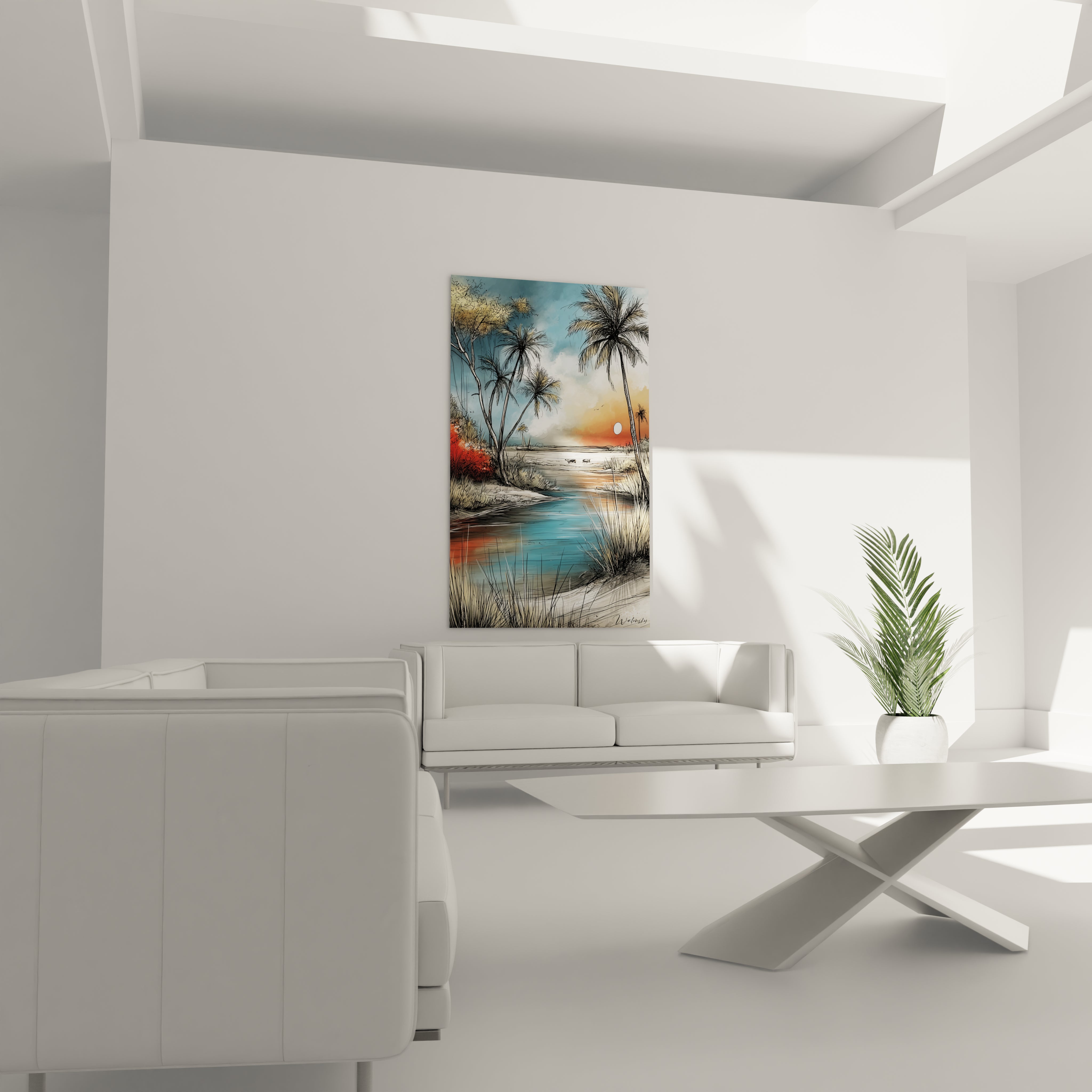 Tableau mural paysage africain avec palmiers et coucher de soleil vibrant dans un salon moderne