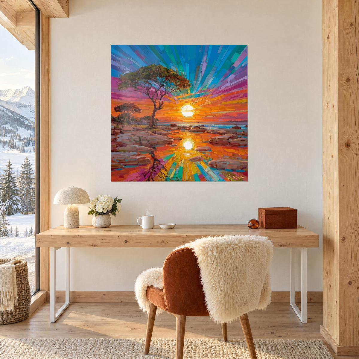 Tableau lac embrasé et rochers rosés, acacia vert olive sous un ciel rayonnant bleu et magenta, face à un bureau en bois clair