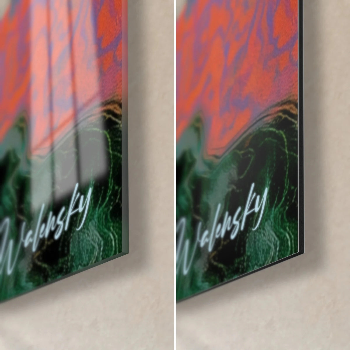 Wall art watercourse, bottom right corner: glossy glass on the left, matte Dibond aluminium on the right, deep green and orange, 3 mm edge