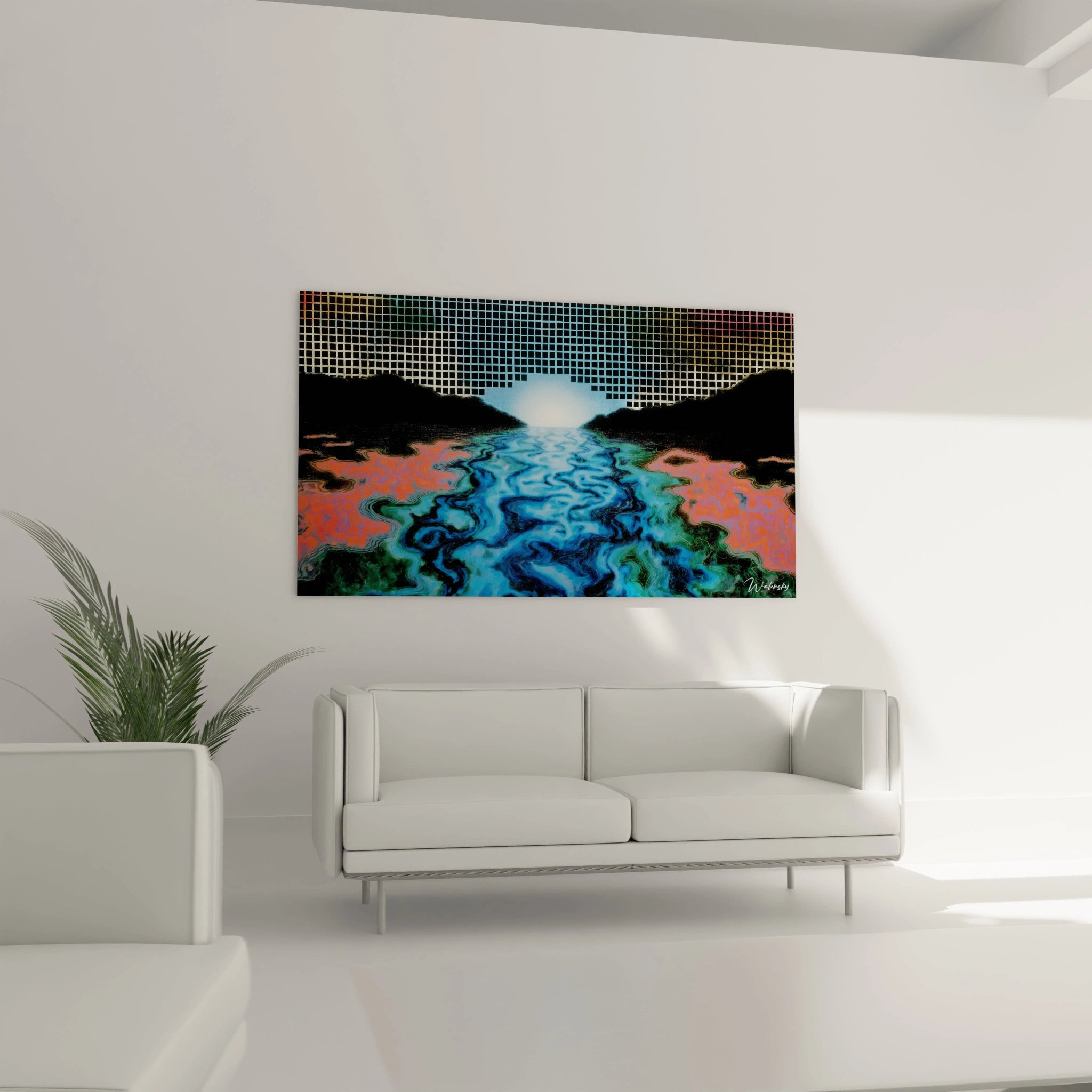 Tableau Walensky accroché au mur d un salon minimaliste au dessus d un canapé, tableau op art paysage aquatique bleu et rose