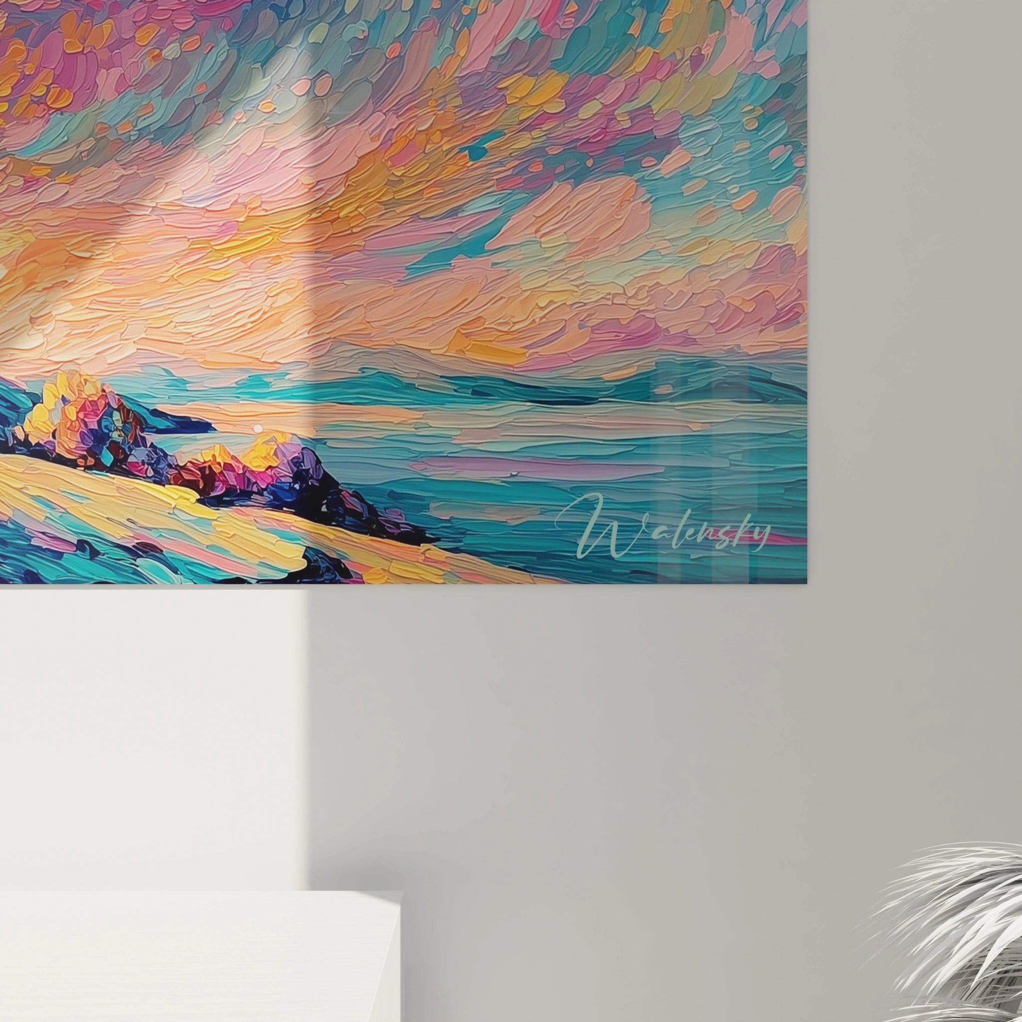 Tableau mural Walensky tableau pointillisme paysage abstrait aux tons sombres accroché au mur dans un salon moderne