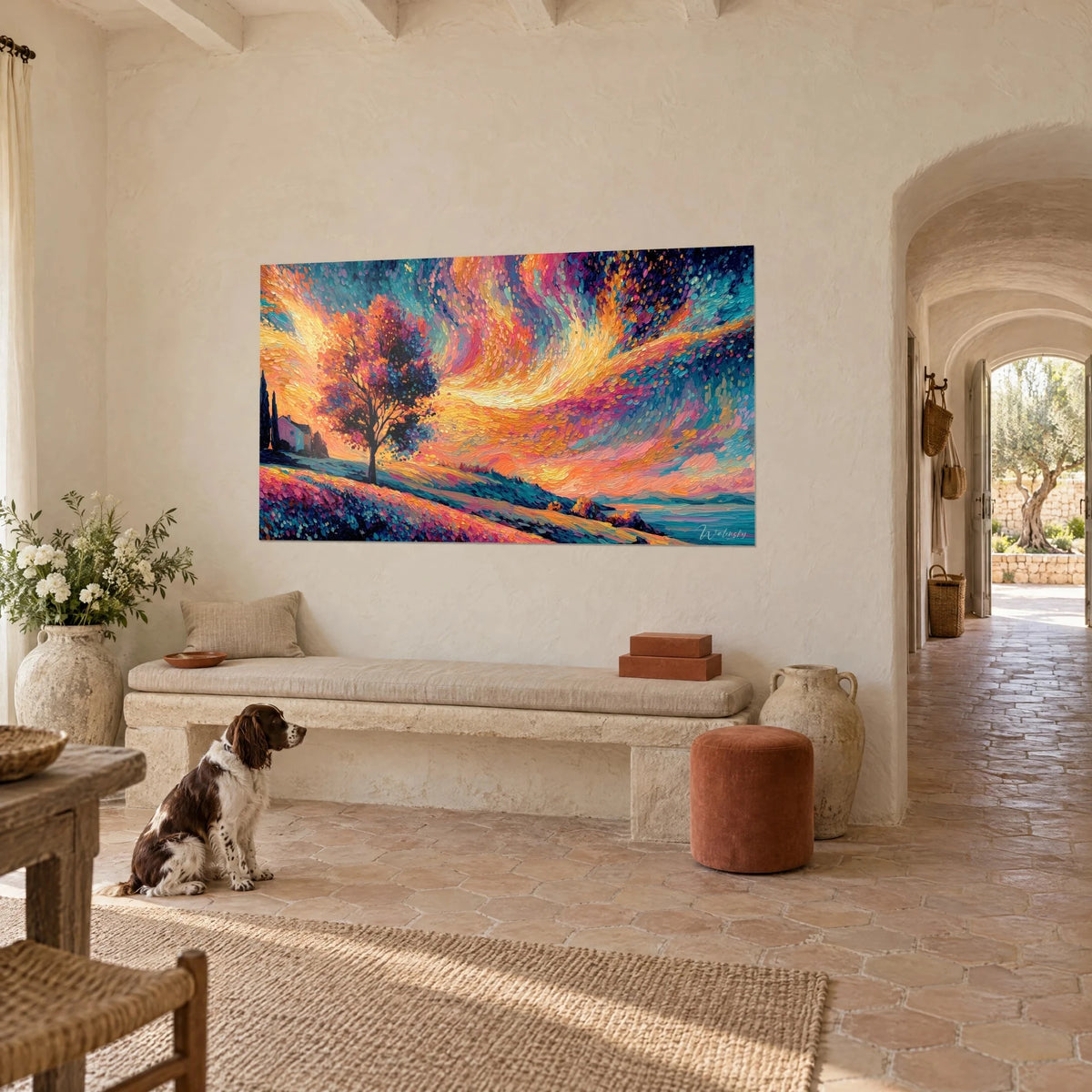 Quadro collina fiorita sotto un cielo a spirali gialle e blu, davanti un spaniel marrone e bianco seduto, casolare provenzale