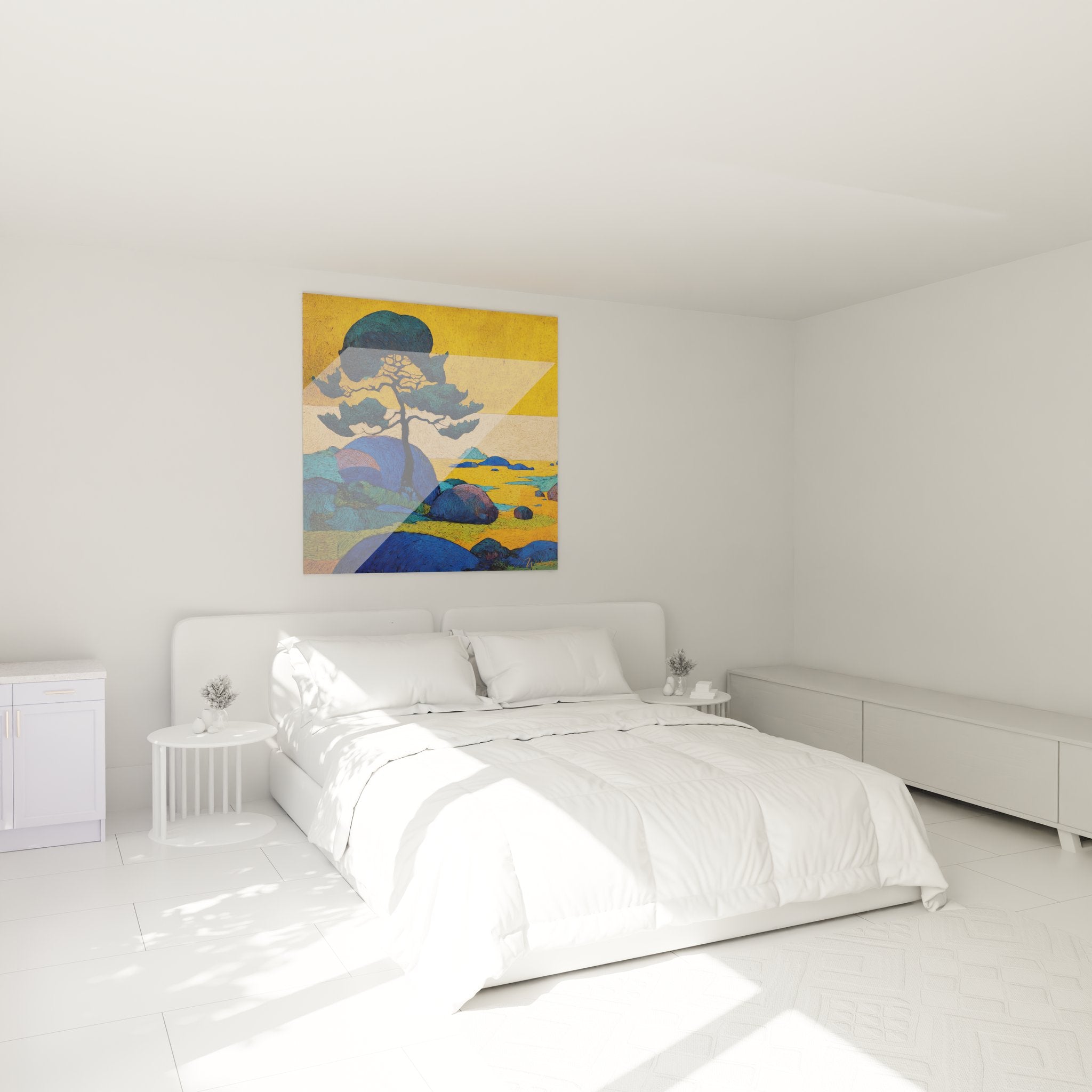 Décoration chambre tableau paysage arbre coucher soleil ambiance zen tons chauds bleus art mural nature