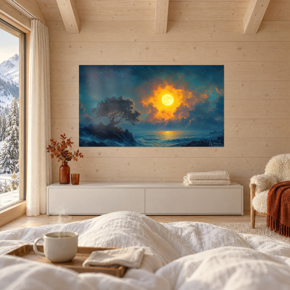 Tableau arbre sombre sur rocher face à la lune ambrée et ses nuages cuivrés, au-dessus d'un lit dans une chambre claire