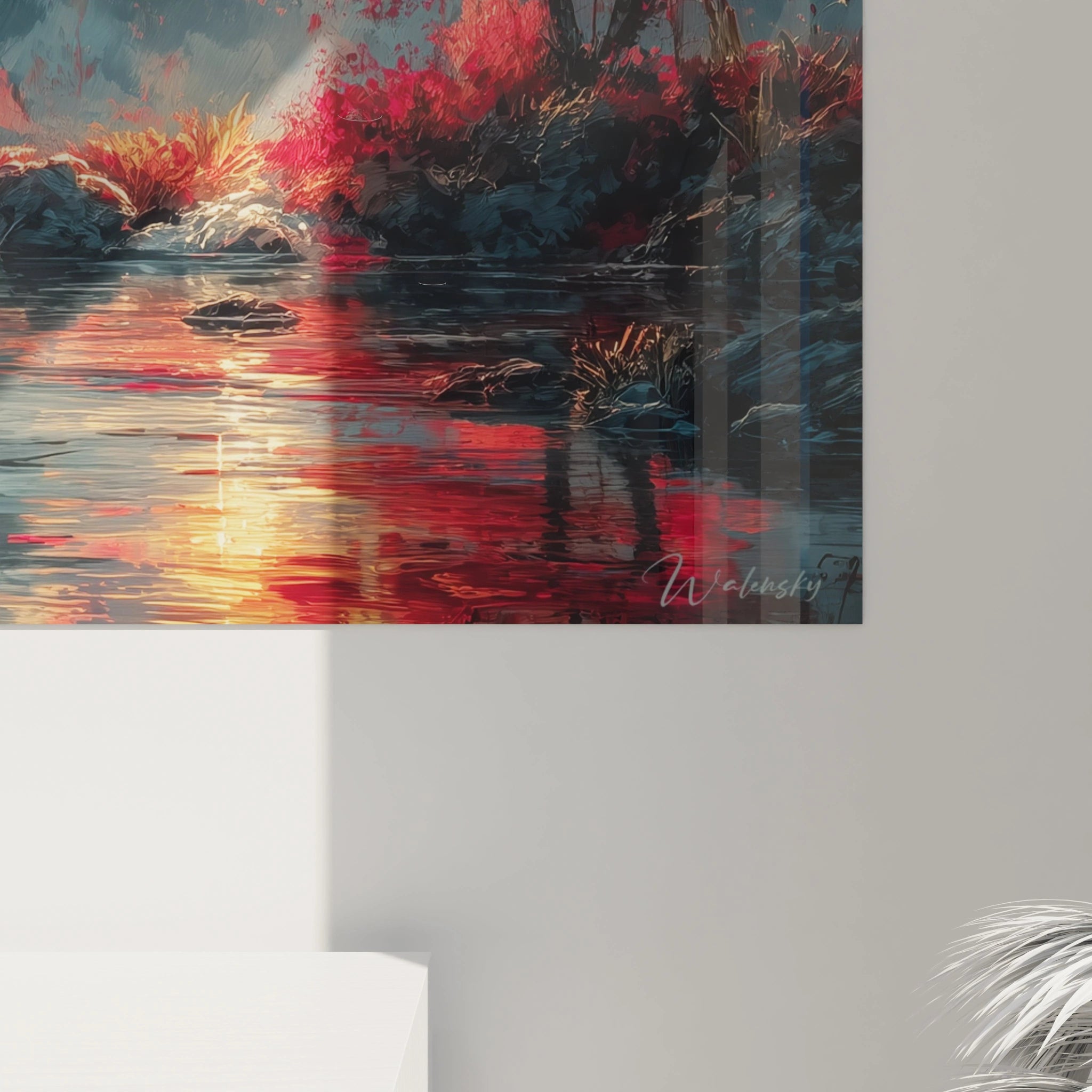 tableau paysage automnal gothique Walensky montrant rivière réfléchissante et feuillage rouge et lumière chaude