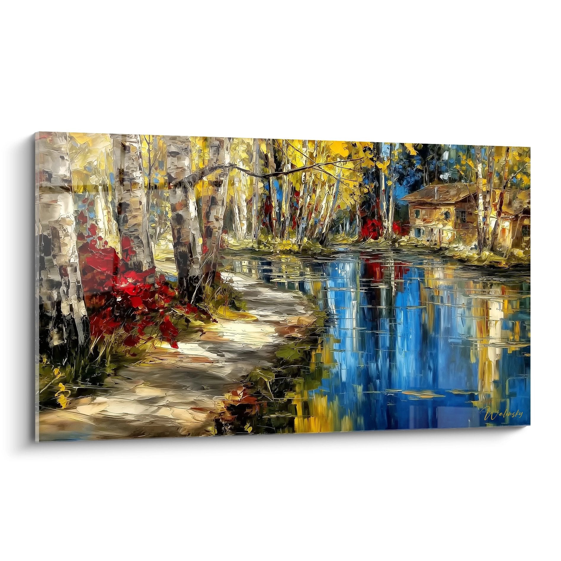Tableau paysage automnal avec sentier forestier, bouleaux blancs et reflets dorés sur rivière paisible