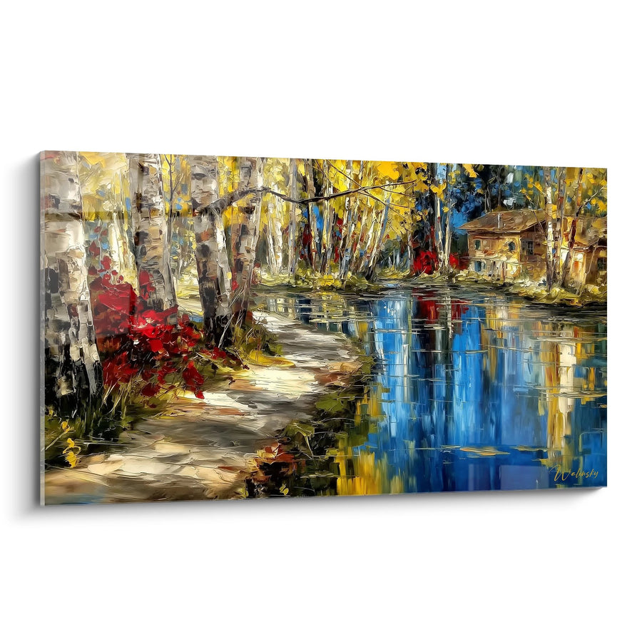 Tableau paysage automnal au bord de l'eau - Reflets dorés - édition Forêt