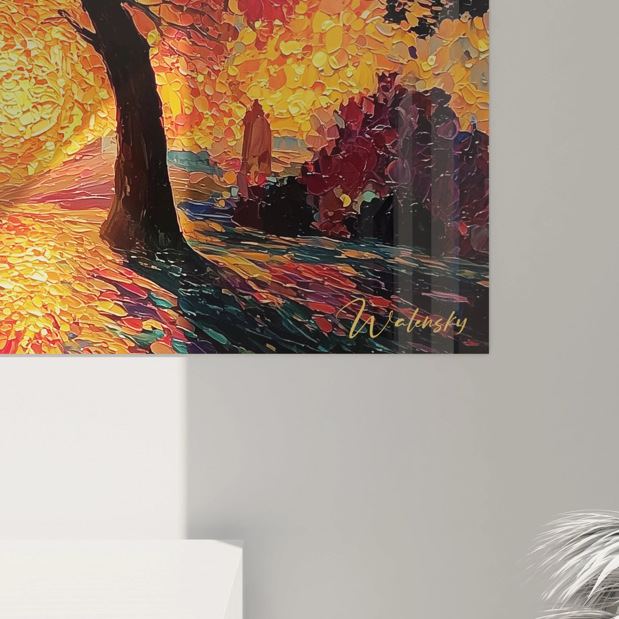 Tableau mural Walensky montrant un tableau paysage automnal pointillisme sombre à texture marbrée dans un salon moderne