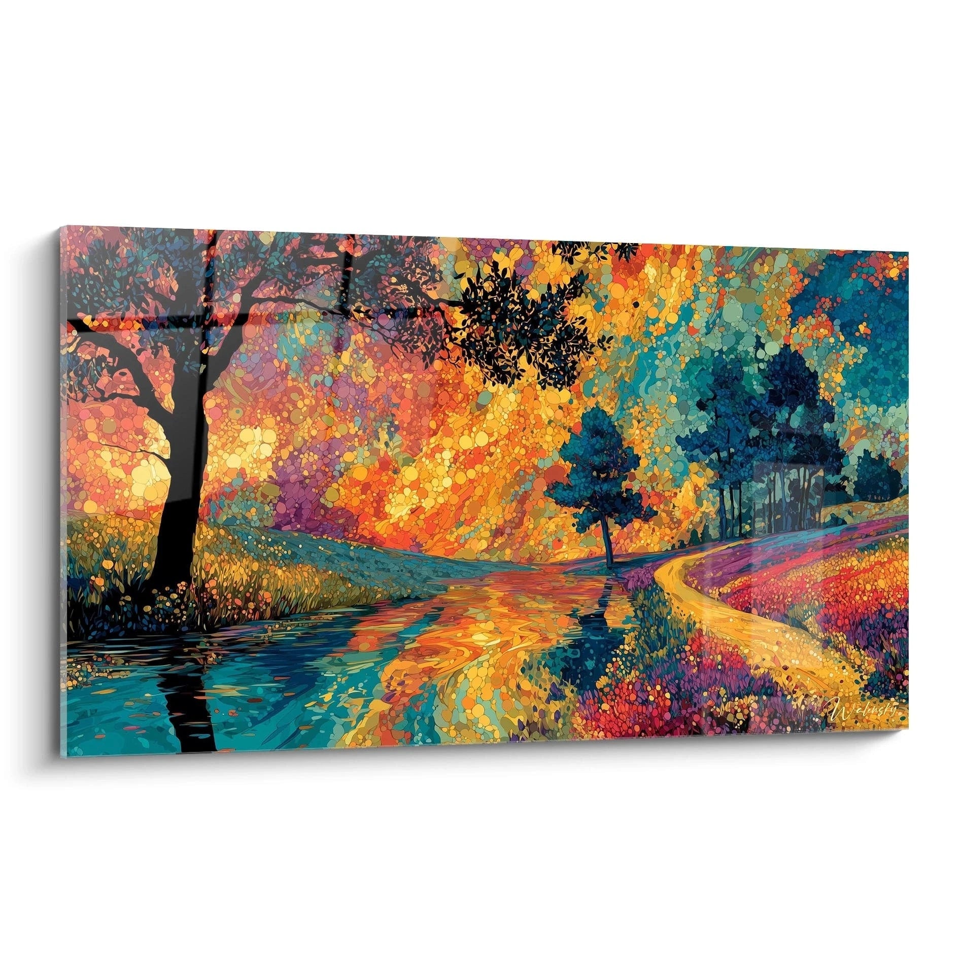 tableau paysagiste automnal pointillisme Walensky tableau mural coloré avec rivière et sentier bordés par des arbres