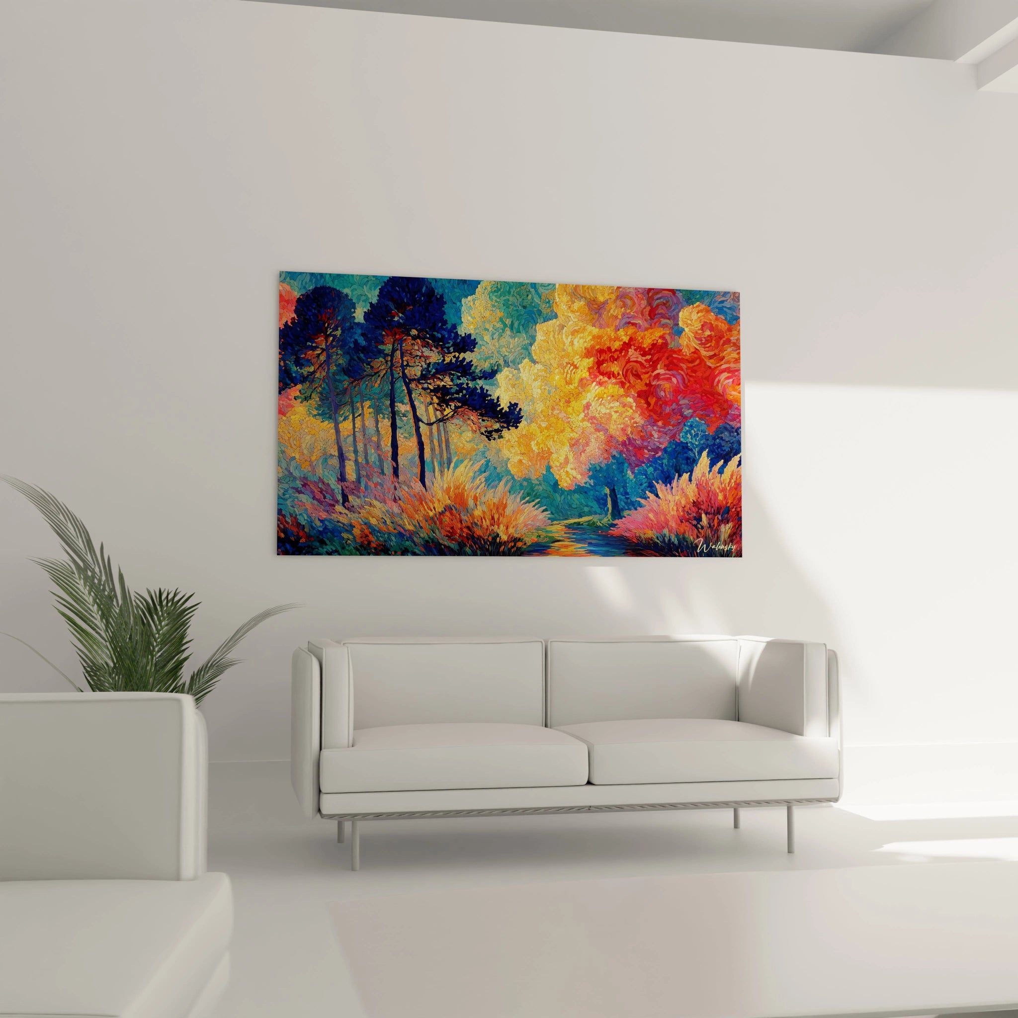 Tableau mural Walensky tableau paysage automnal pointillisme couleurs vives foret accroche au dessus du canape