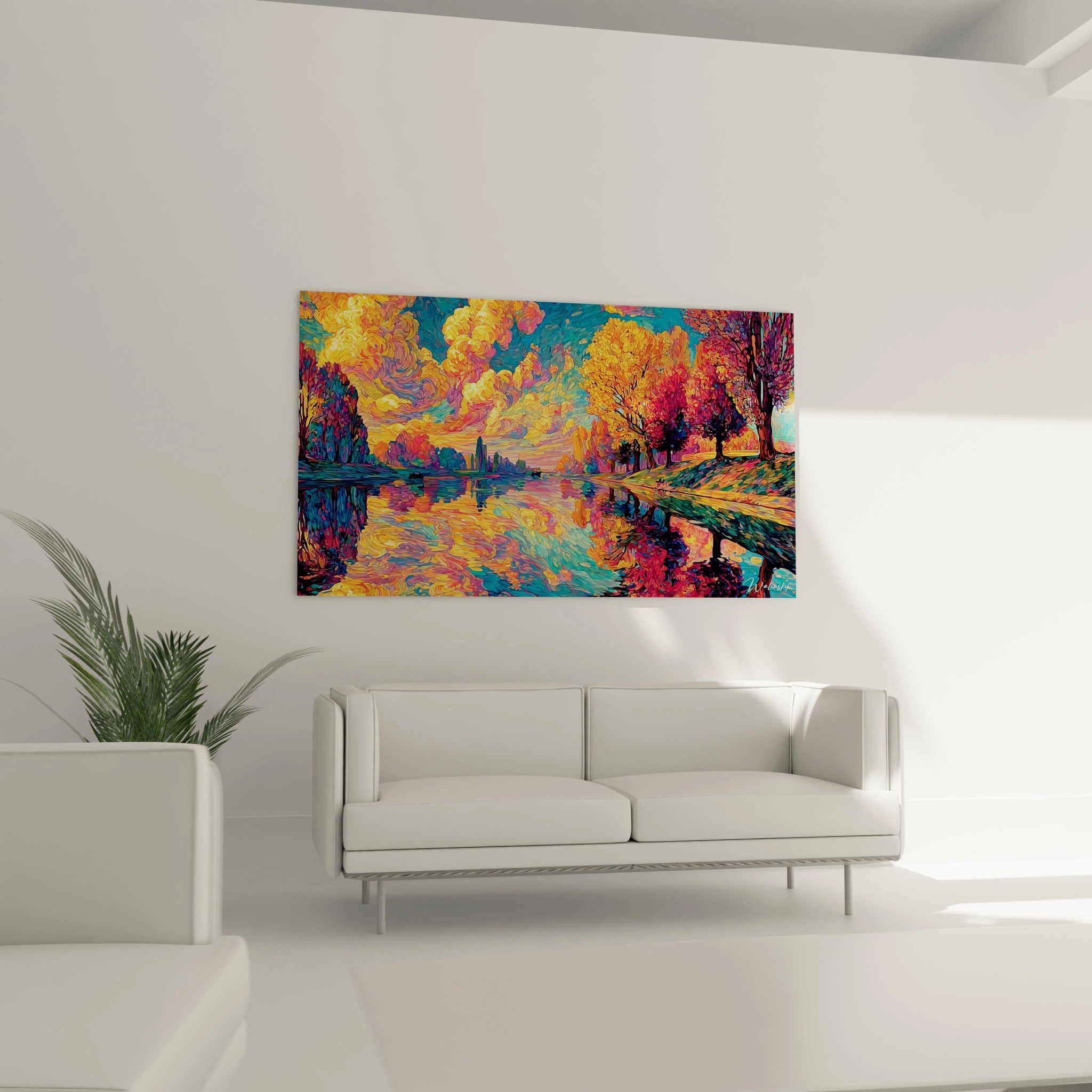 tableau paysage automnal pointillisme Walensky mural abstrait blocs couleurs vives au dessus d un canapé blanc
