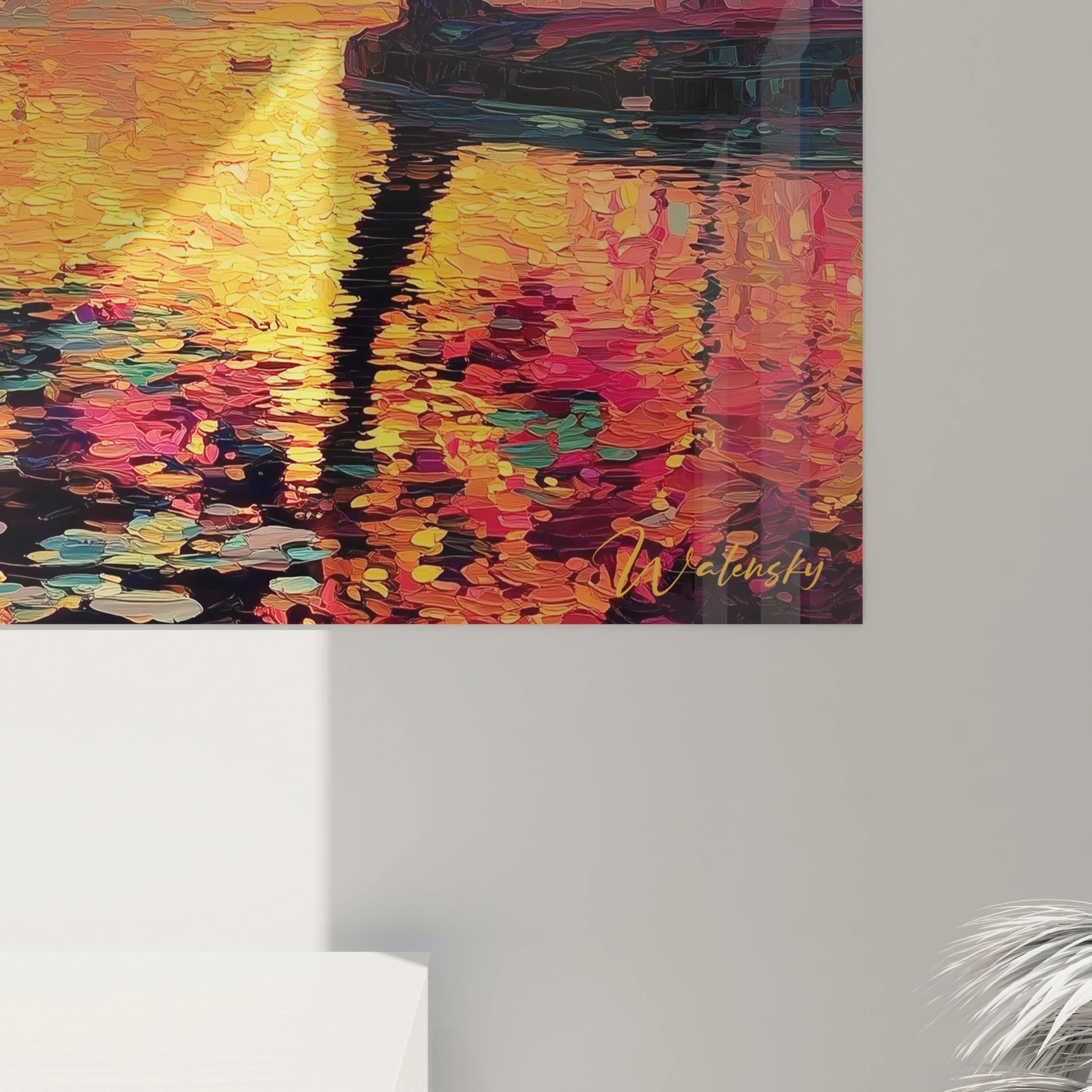 tableau paysage automnal pointillisme Walensky peinture murale reflet de l eau aux couleurs chaudes et texture en touches