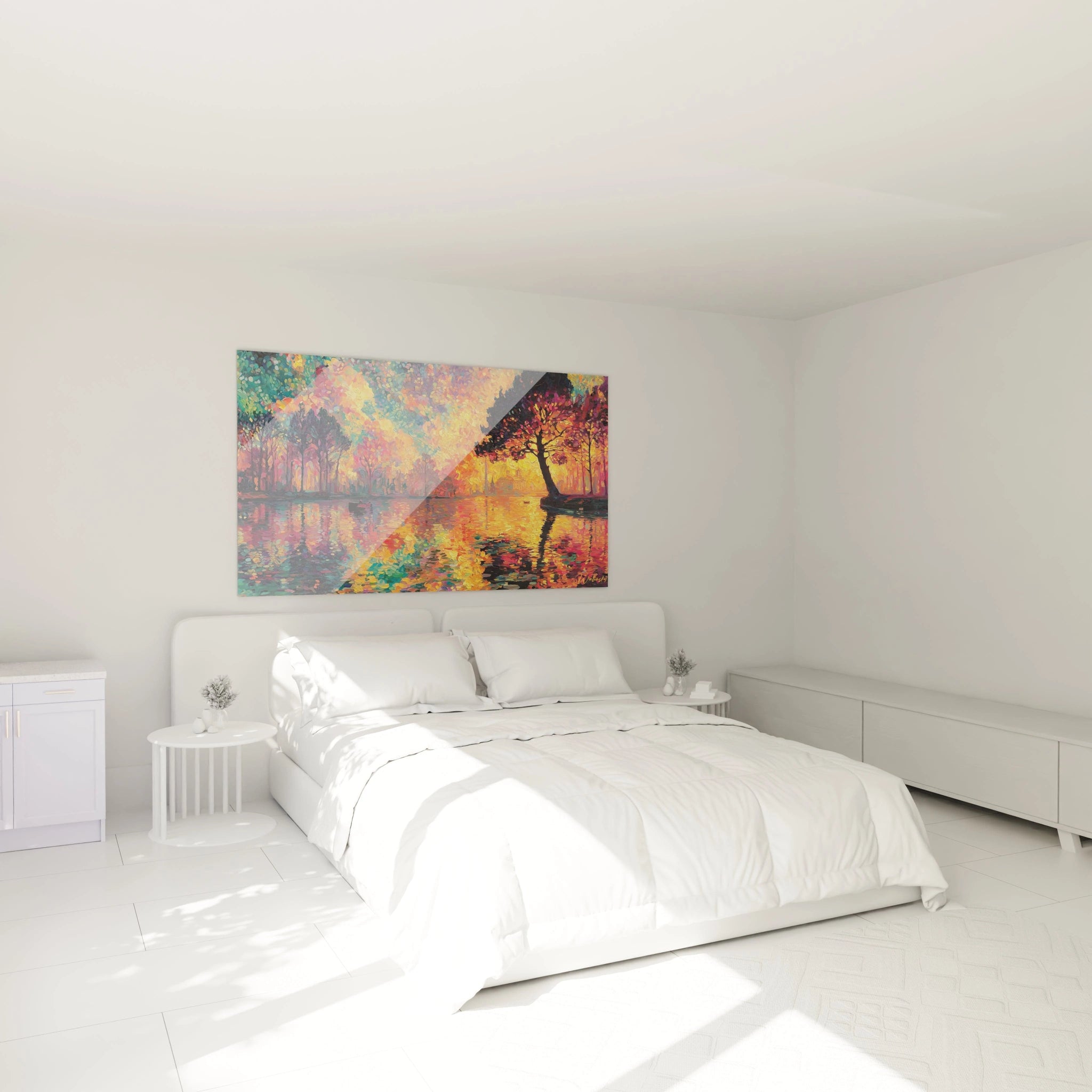 Chambre blanche minimaliste avec lit et tableau mural Walensky abstrait coloré étiqueté tableau paysage automnal pointillisme