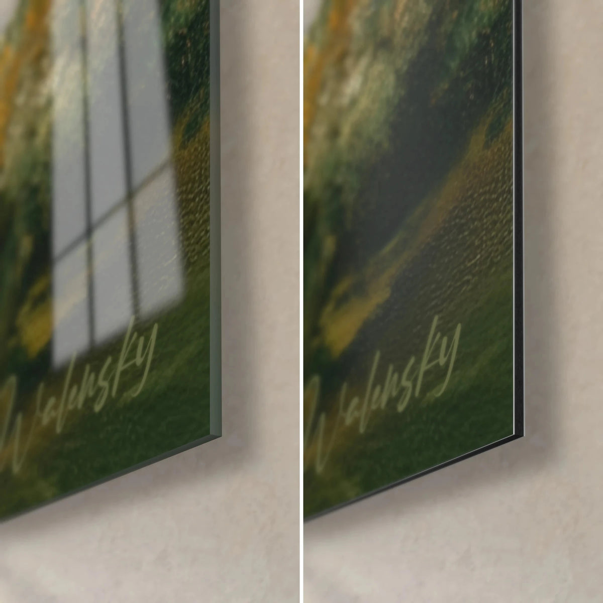Gemälde Neapel-Landschaft, untere rechte Ecke: glänzendes Acrylglas mit Reflexen und mattschwarzes Dibond, 3 mm Kante