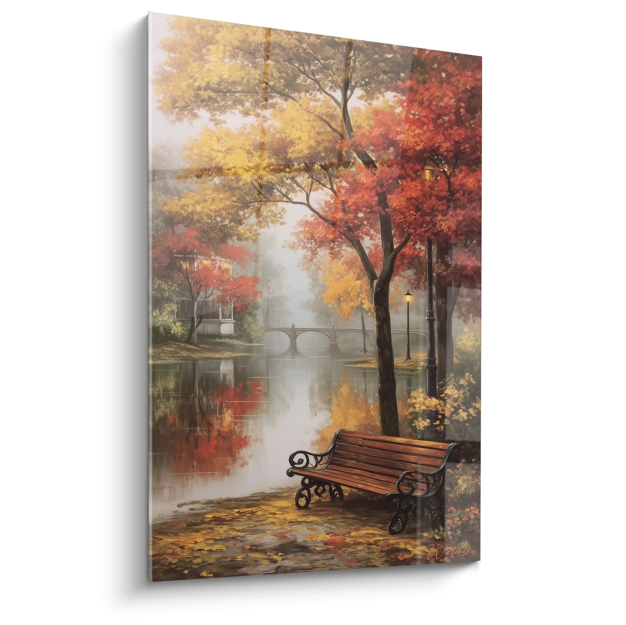Walensky tableau paysage automne banc au bord d un étang arbres rouges et jaunes pont brumeux reflet
