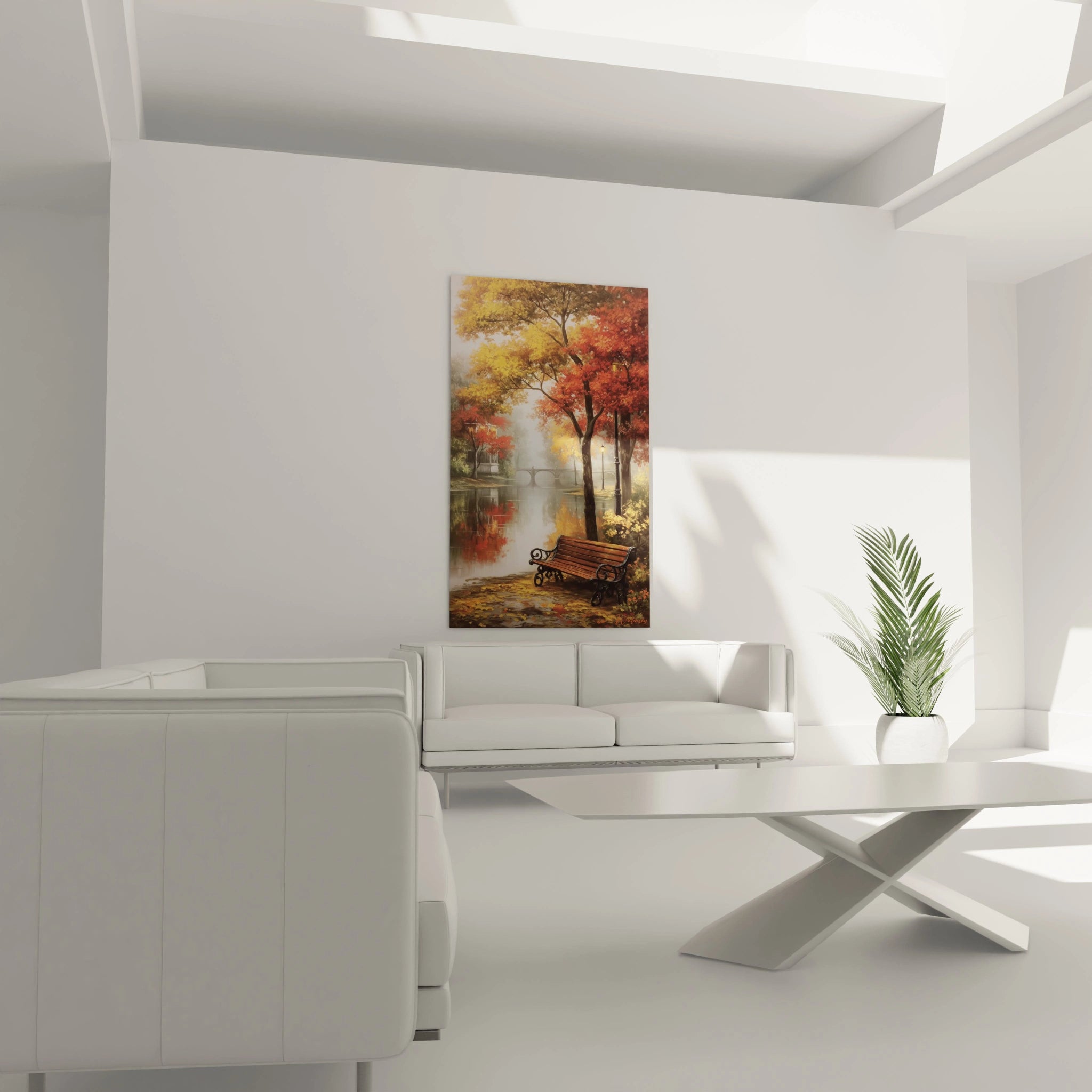 Walensky tableau paysage automne mural représentant un banc au bord d un étang et arbres rouges et jaunes dans un salon moderne
