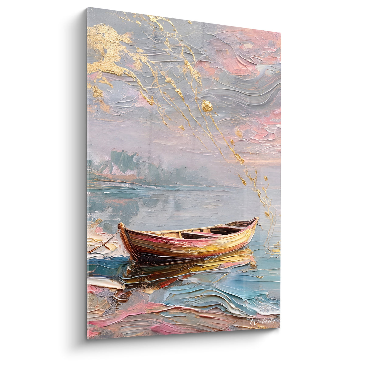 Barque dorée et brune flottant sur une eau turquoise, ciel gris rosé strié d'or, style empâté